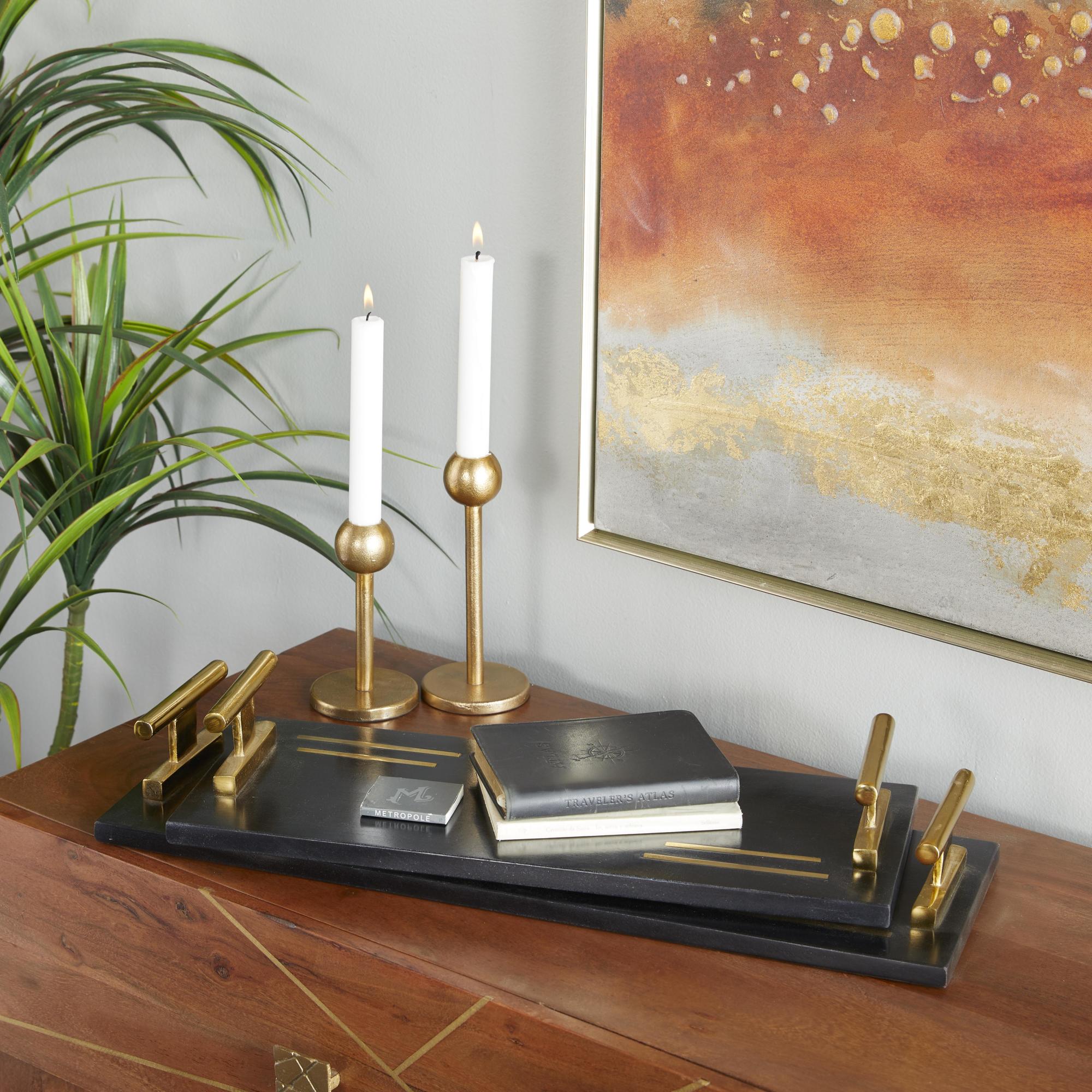 Set of 2 Black Marble Living Room Decor Tray with Gold Handles