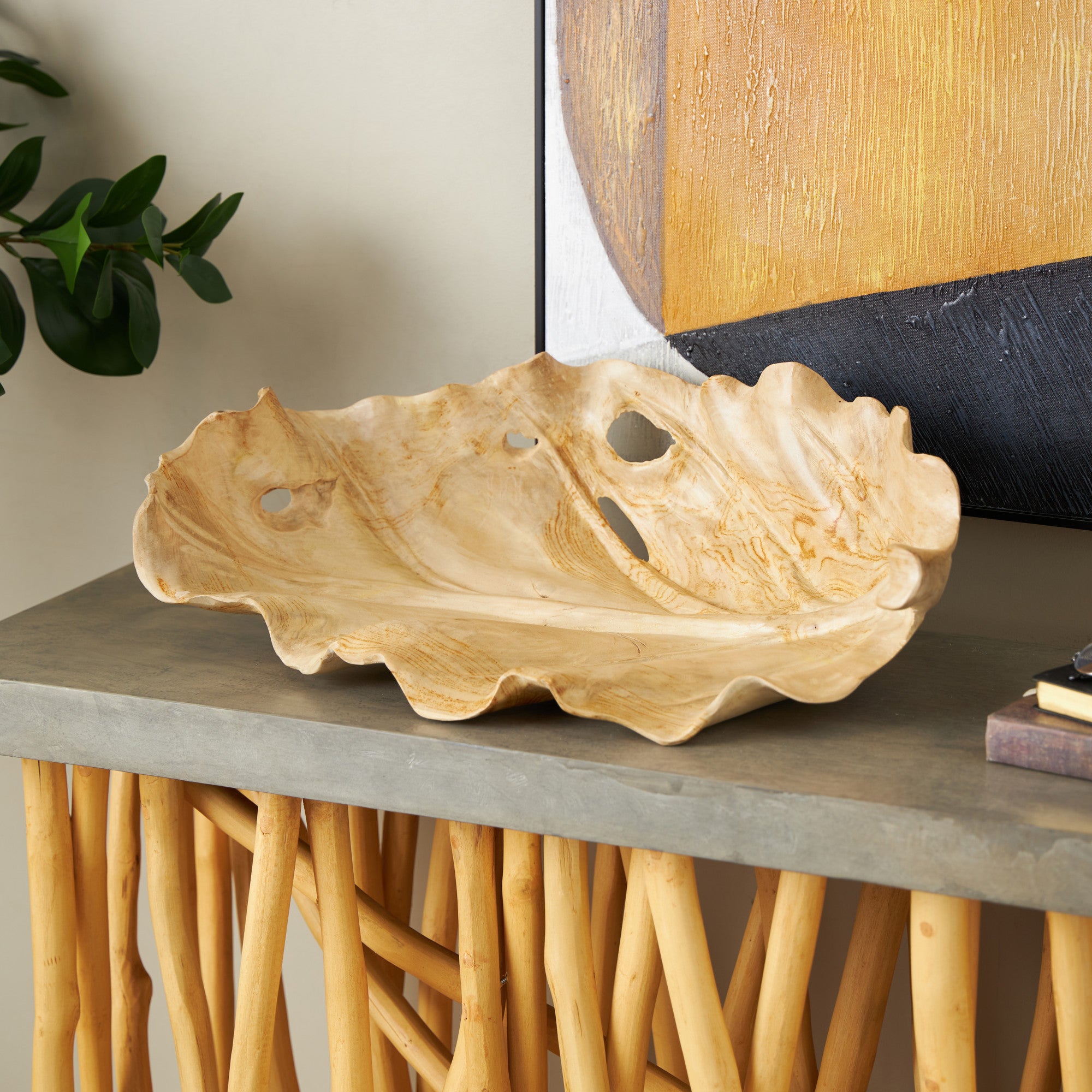 Leaf Light Brown Teak Wood Handmade Carved Living Room Decor Tray