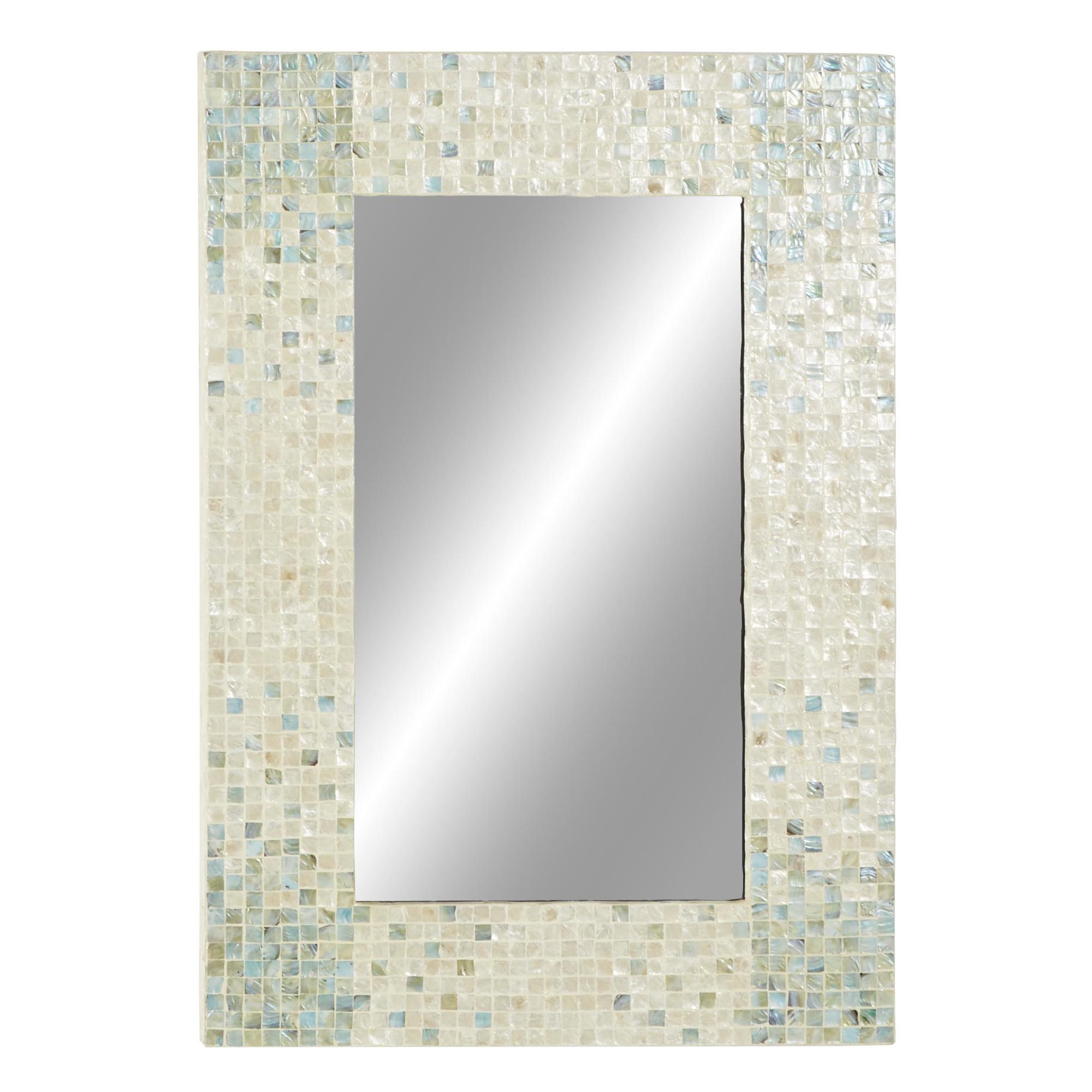Cream Mother of Pearl Shell Handmade Mosaic Room Wall Mirror with Blue Corners