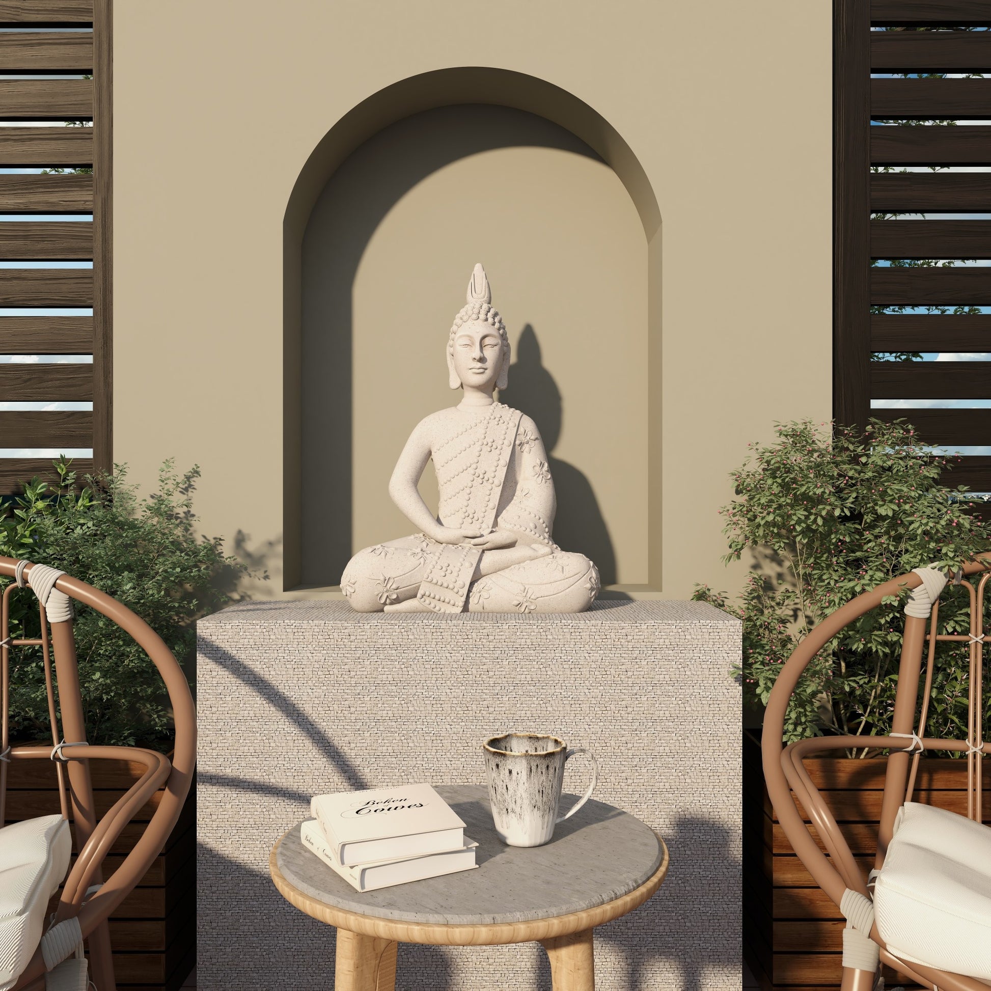 Buddha Gray Magnesium Oxide Indoor Outdoor Meditating Decorative Garden Sculpture with Floral Carvings