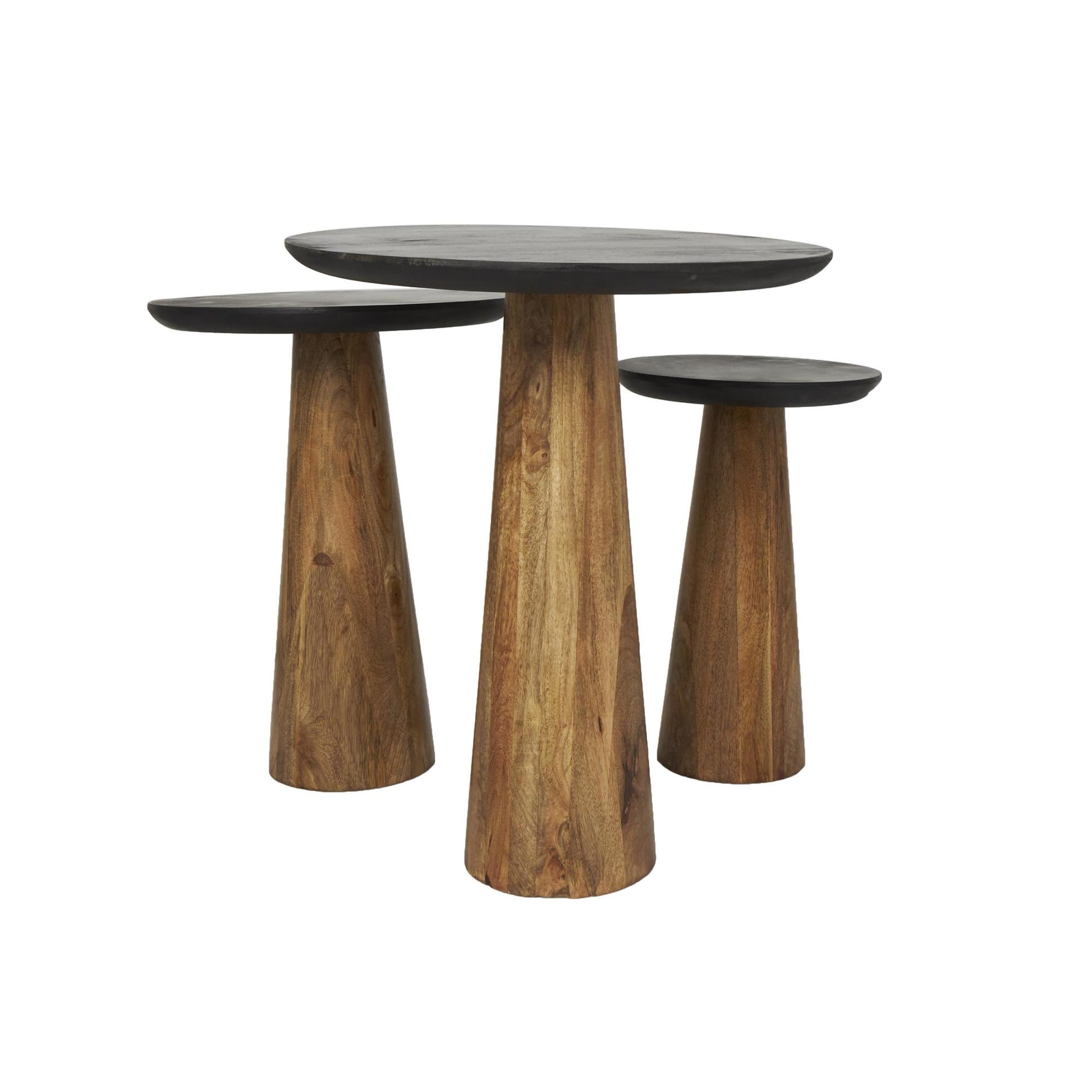 Set of 3 Brown Mango Wood Handmade Cone Shaped Side End Accent Table with Black Tabletops