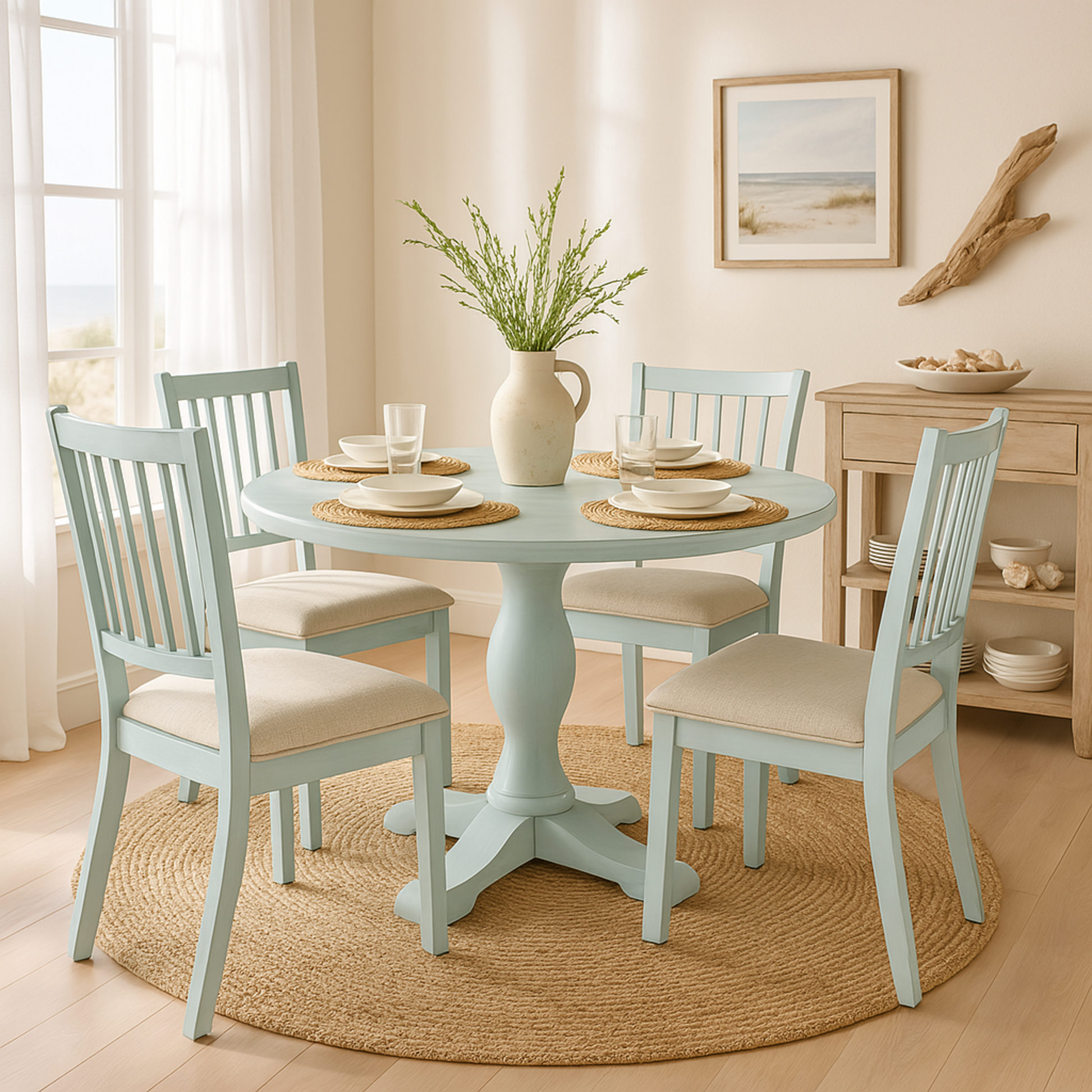 Light Blue Wood Round Kitchen Dining Table with Turned Pedestal Base and X Support
