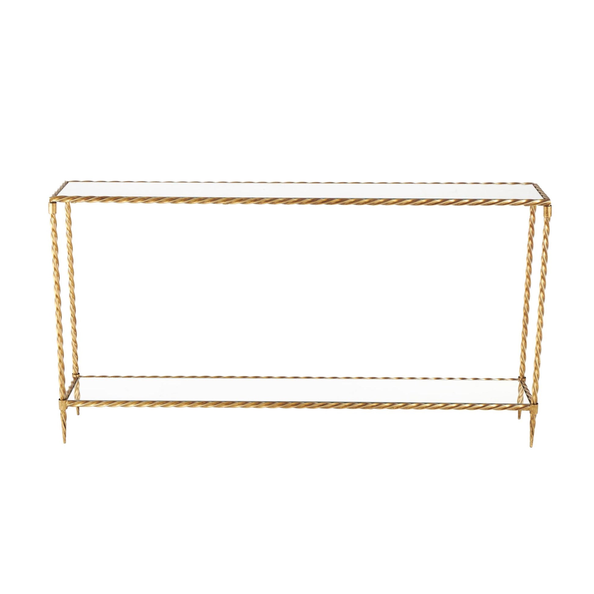 Gold Metal Twisted Rope Inspired Living Room Console Table with Mirrored Glass Top and Shelf