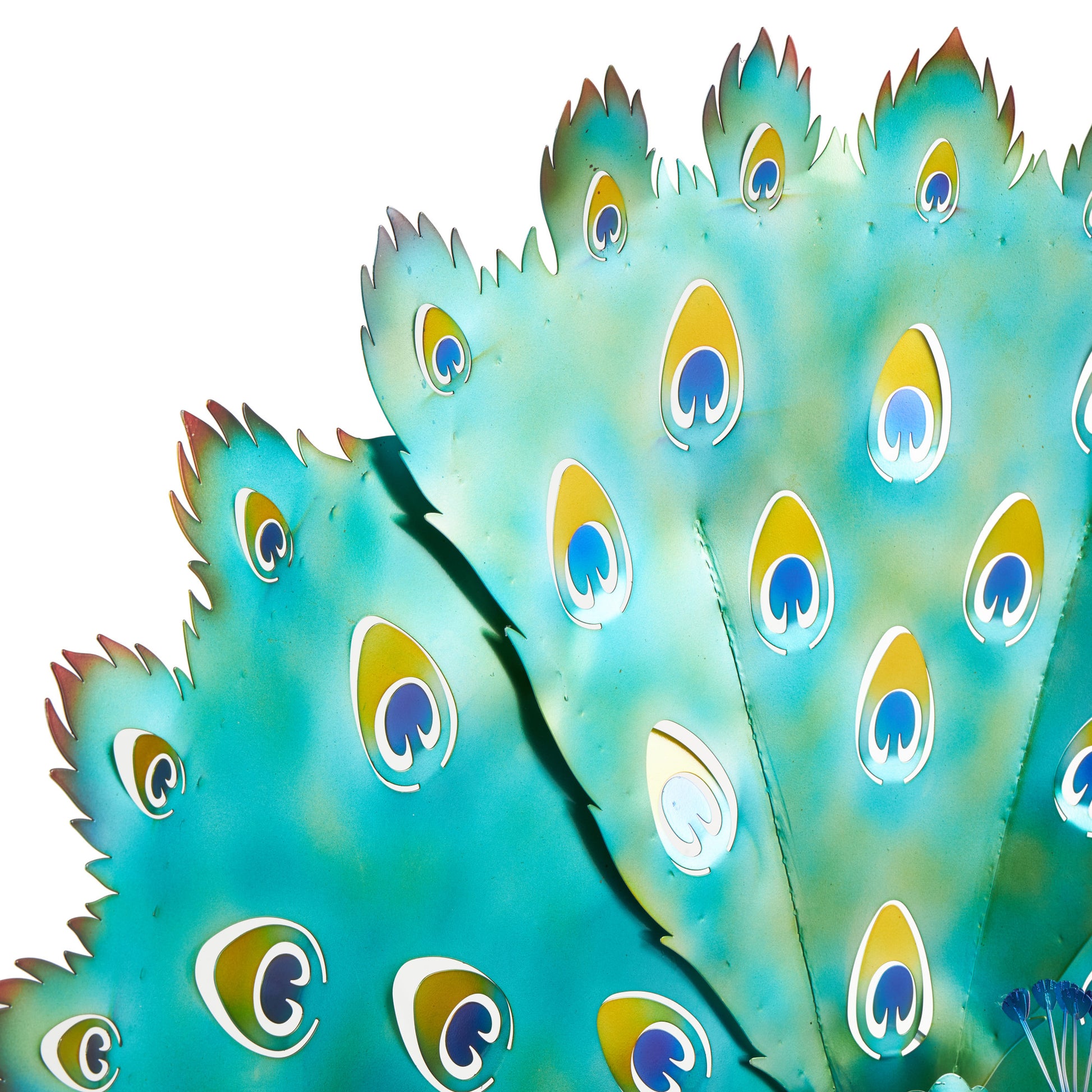 Peacock Blue Metal Decorative Garden Sculpture with Gold Legs and Teal Wings