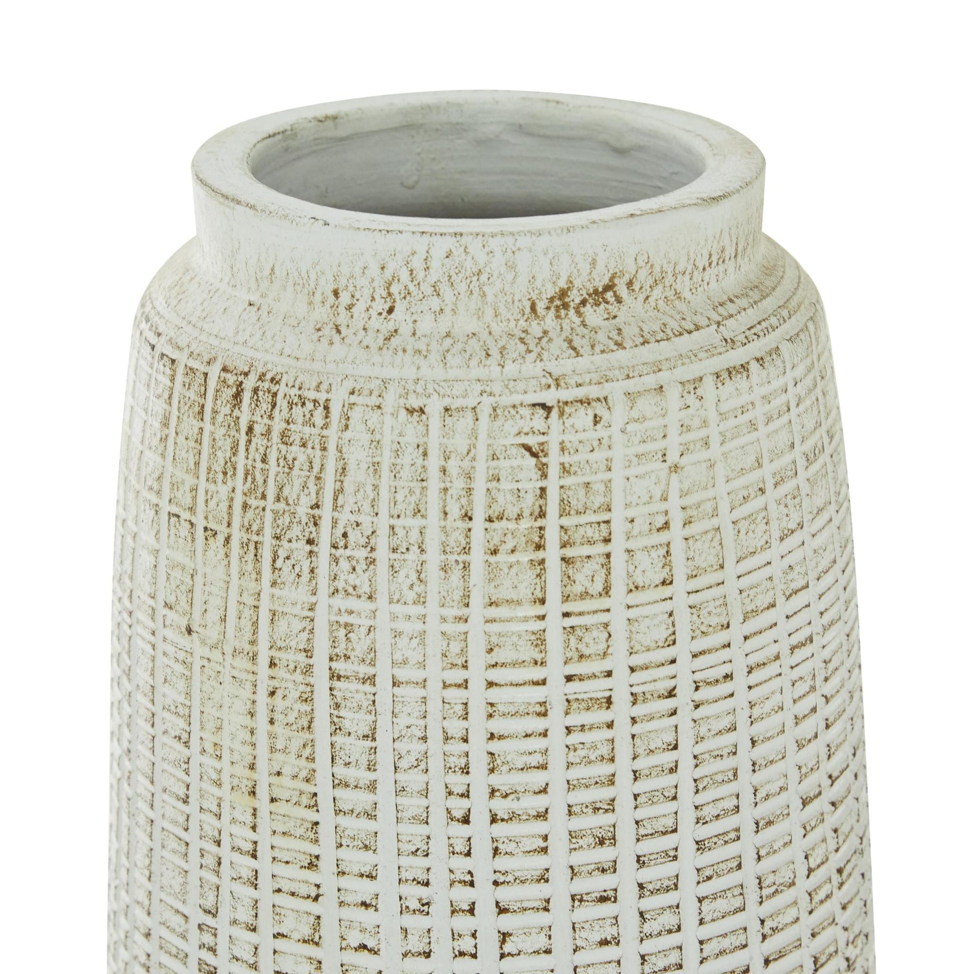 White Ceramic Textured Crosshatch Decorative Vase with Crosshatch Design