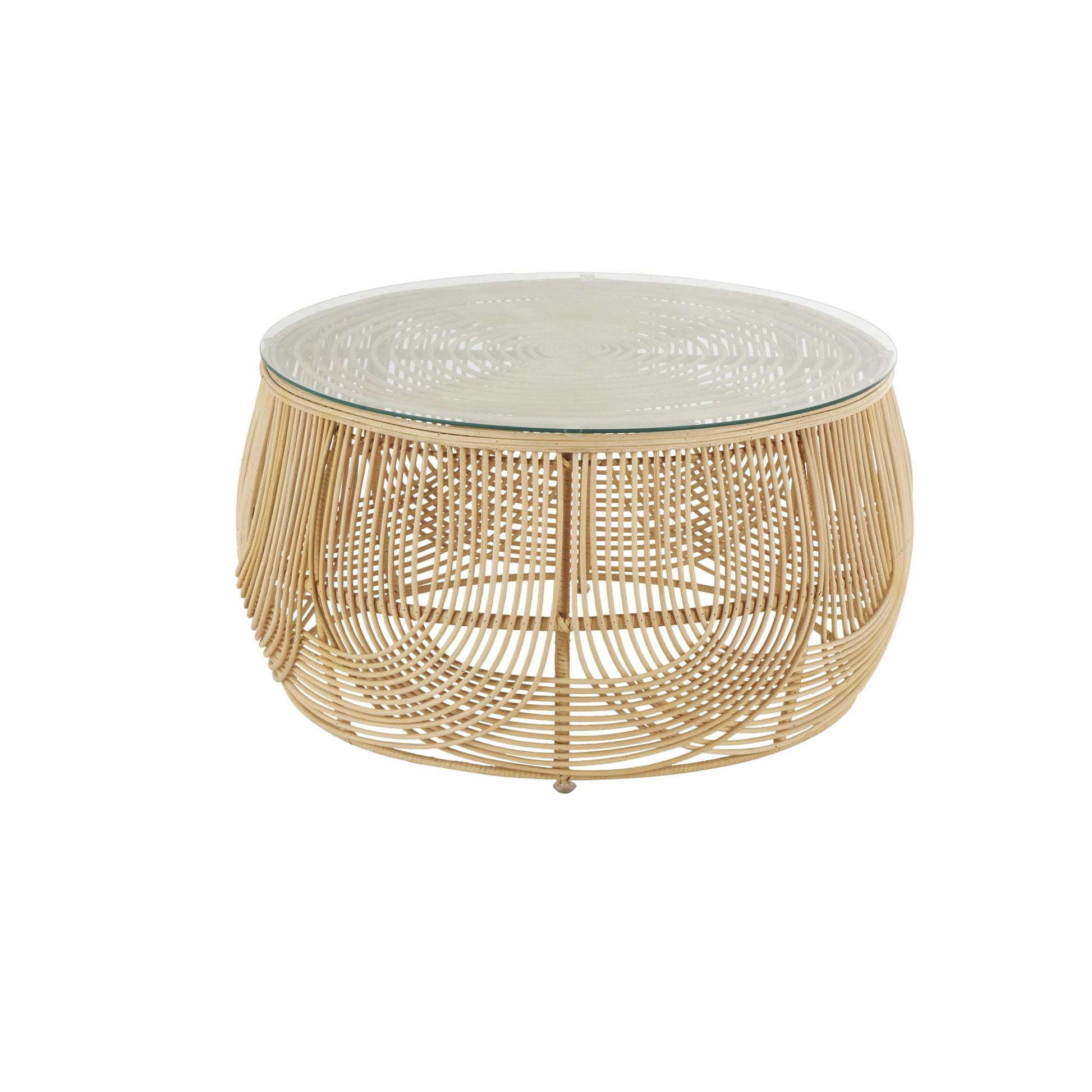 Light Brown Rattan Living Room Coffee Table with Glass Top