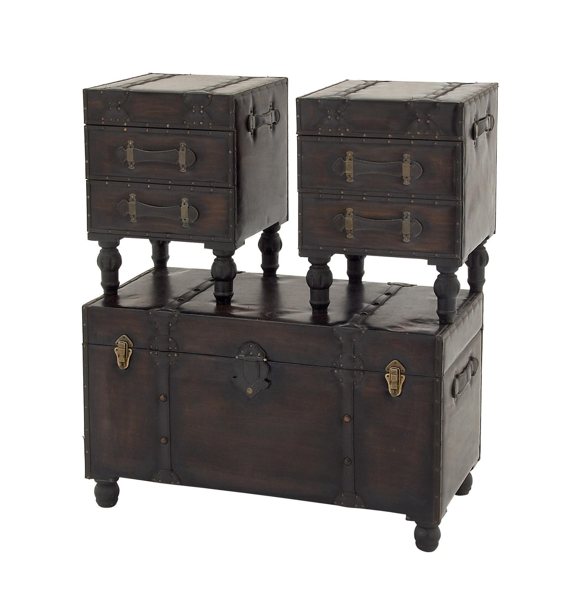 Set of 3 Brown Faux Leather Vintage 4 Drawer Room Storage Bench with Strap Handles and Turned Legs