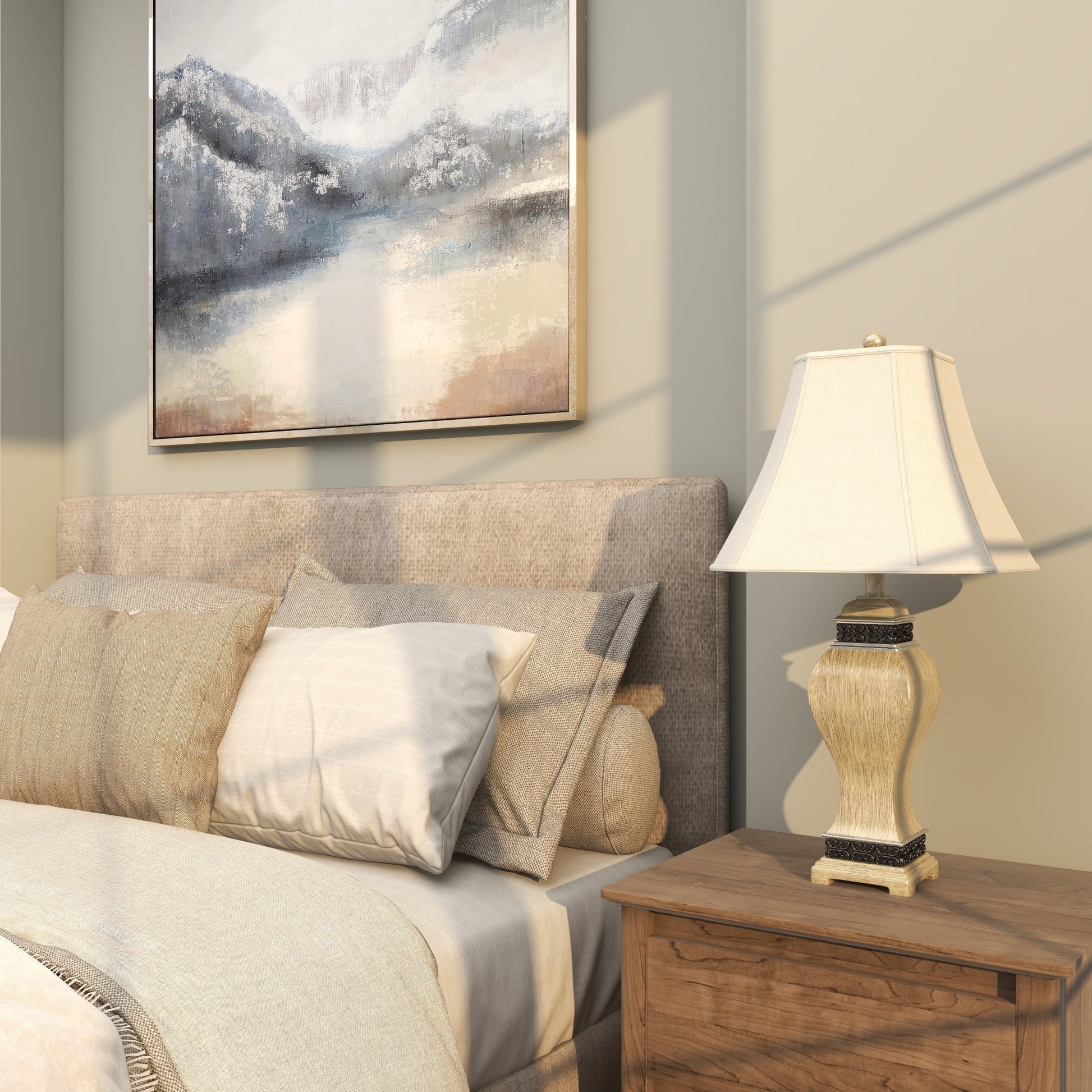 Set of 2 Scroll Brown Polystone Carved Room Table Lamp with Black Accents and Tapered Shade