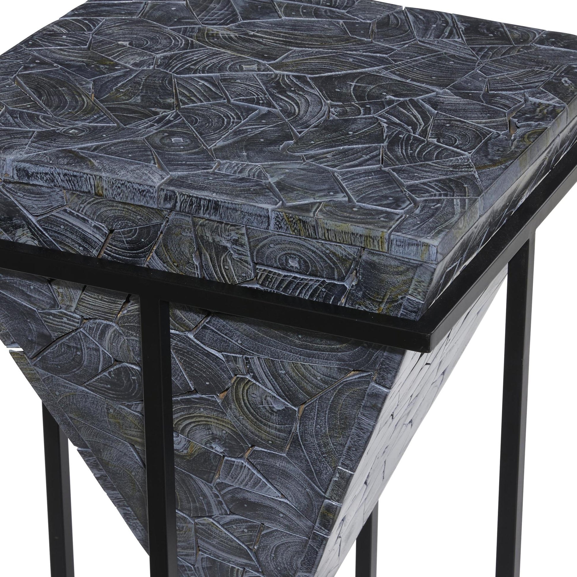 Geometric Teak Wood Handmade Inverted Pyramid Side End Accent Table with Black Metal Base 17" x 17" x 22"