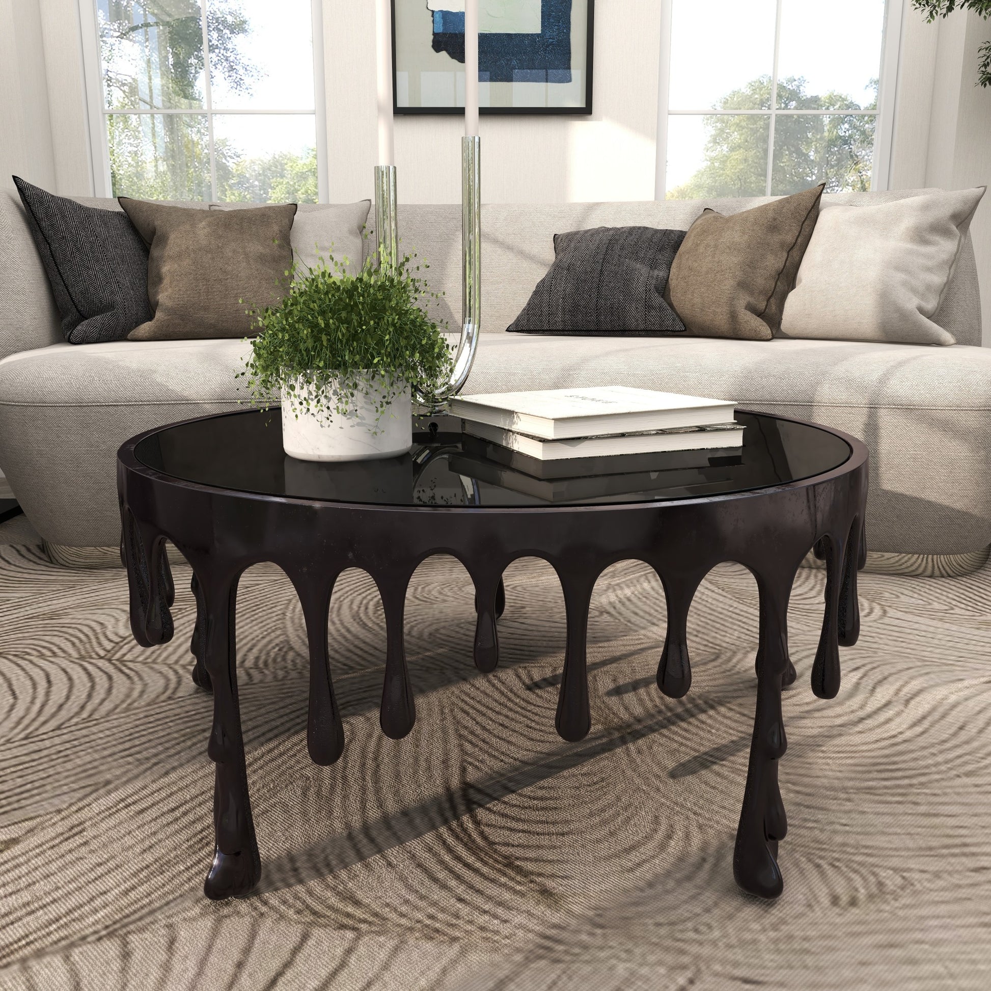 Abstract Aluminum Metal Drip Living Room Coffee Table with Melting Designed Legs and Shaded Glass Top