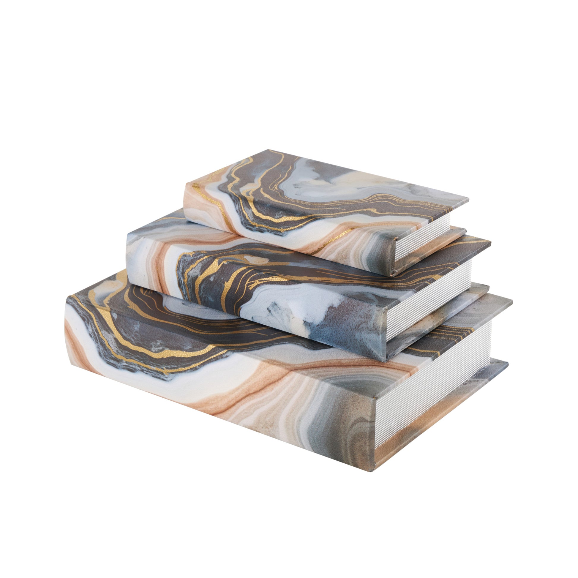 Set of 3 Geode Blue Faux Leather Faux Book Storage Decorative Box with Metallic Gold Accents