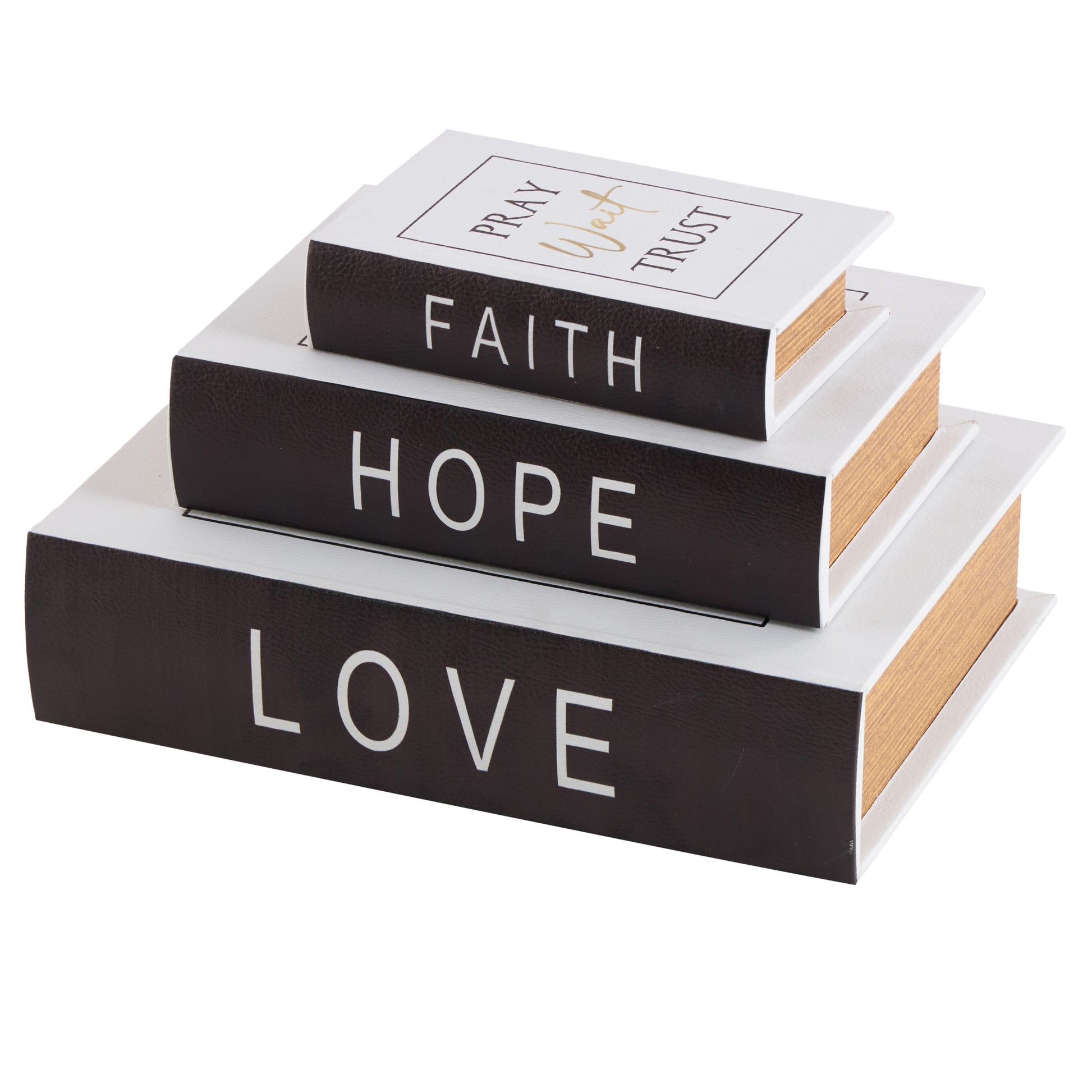 Set of 3 Text White Faux Leather Love, Hope, Faith Faux Book Storage Decorative Box
