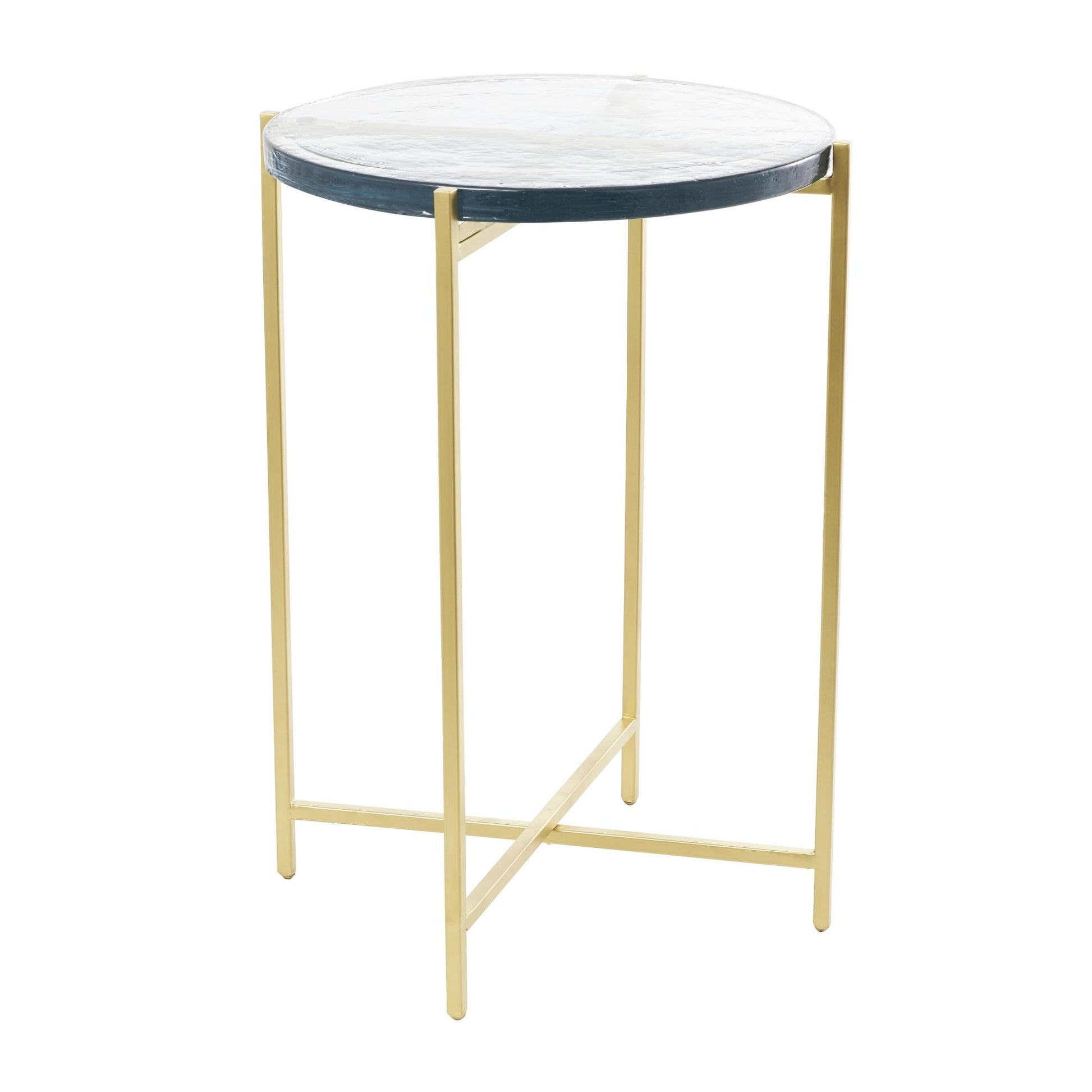 Metal X-Shaped Side End Accent Table with Textured Glass Tabletop