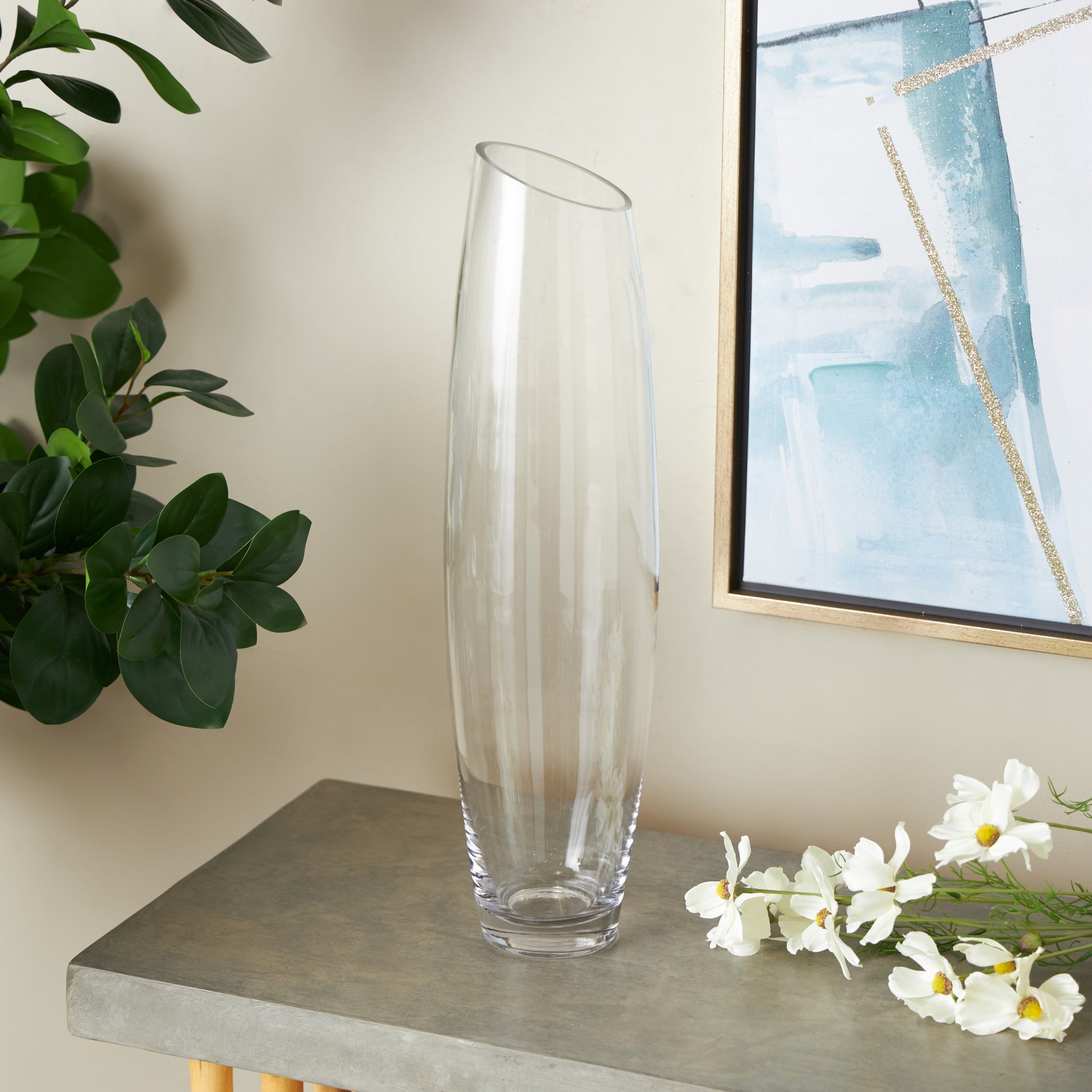Clear Glass Tall Slanted Decorative Vase