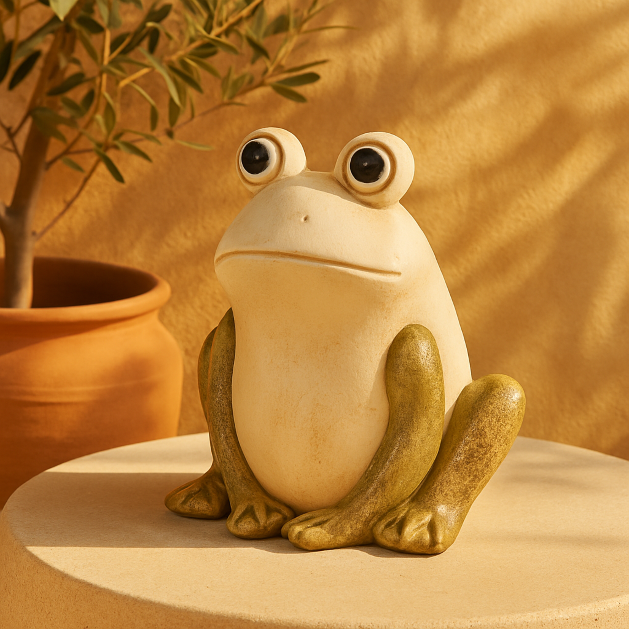 Frog Cream Magnesium Oxide Decorative Garden Sculpture with Brown and Green Accents
