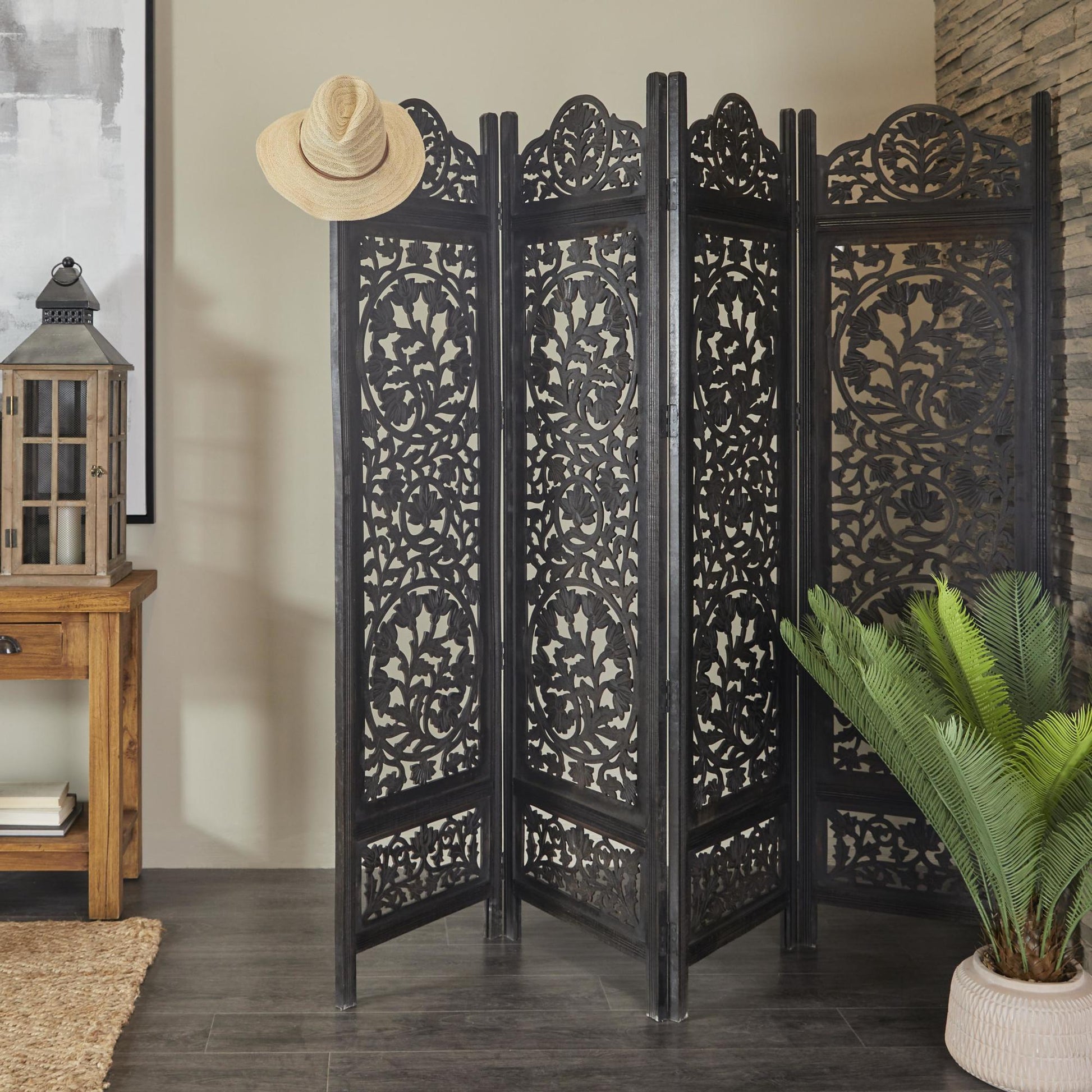 Floral Black Wood Handmade Foldable Partition Carved 4 Panel Partition Room Divider Screen