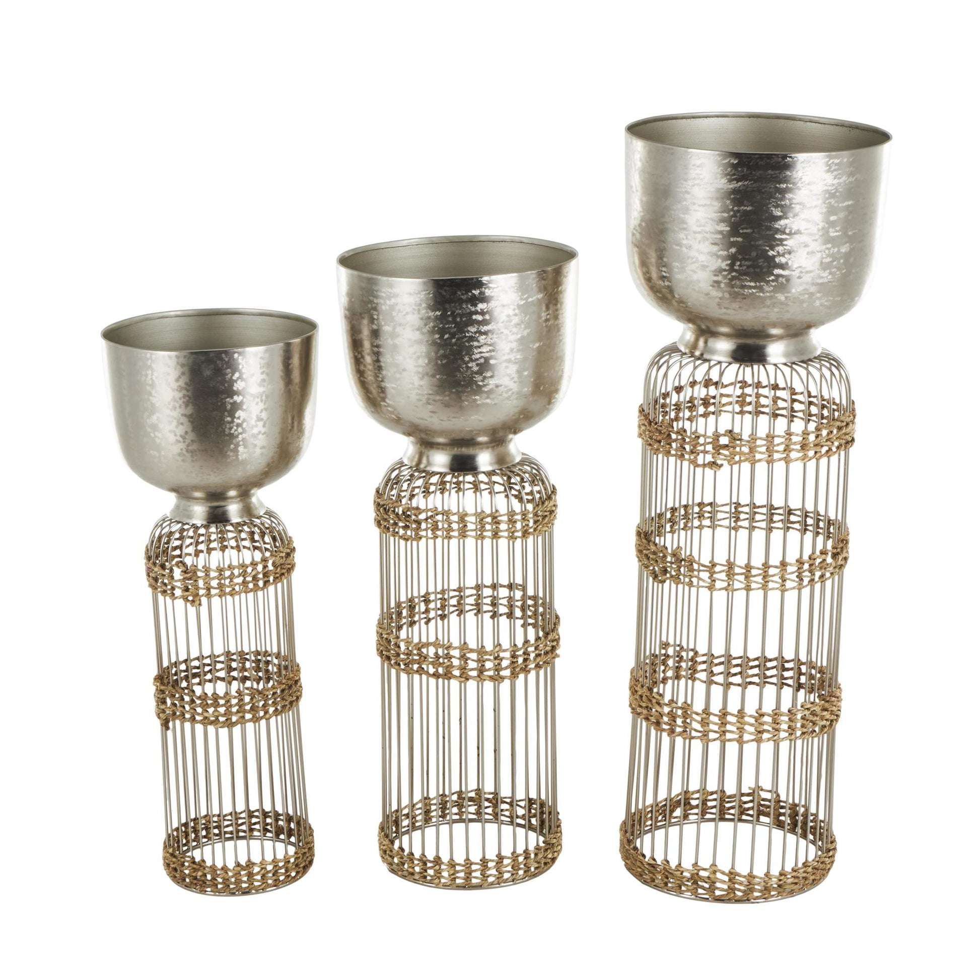 Set of 3 Metal Textured Dome Indoor Planter with Woven Seagrass and Caged Rod Pedestal Base Set of 3 32", 27", 24"H