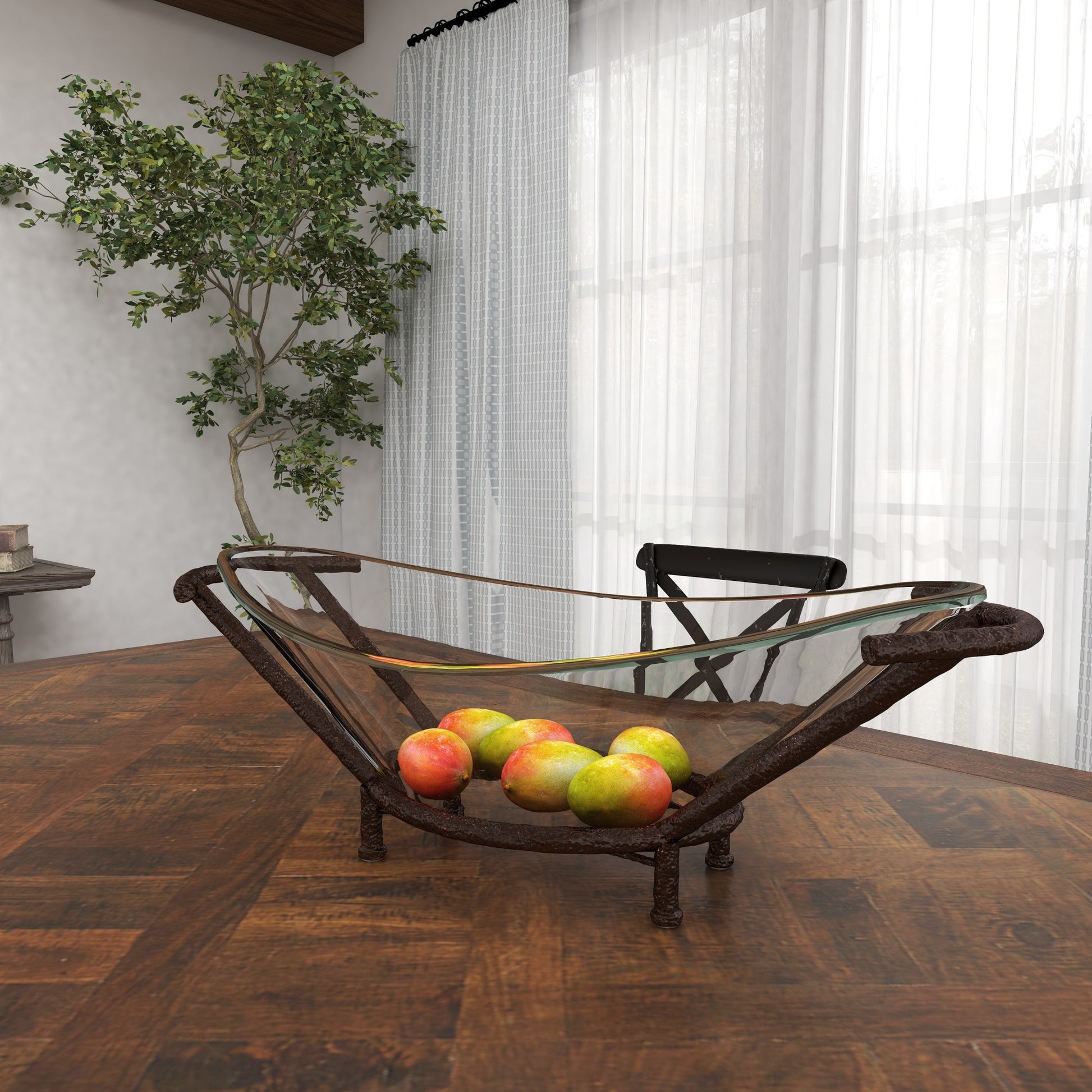 Kitchen Clear Tempered Glass Decorative Serving Bowl with Brown Metal Base