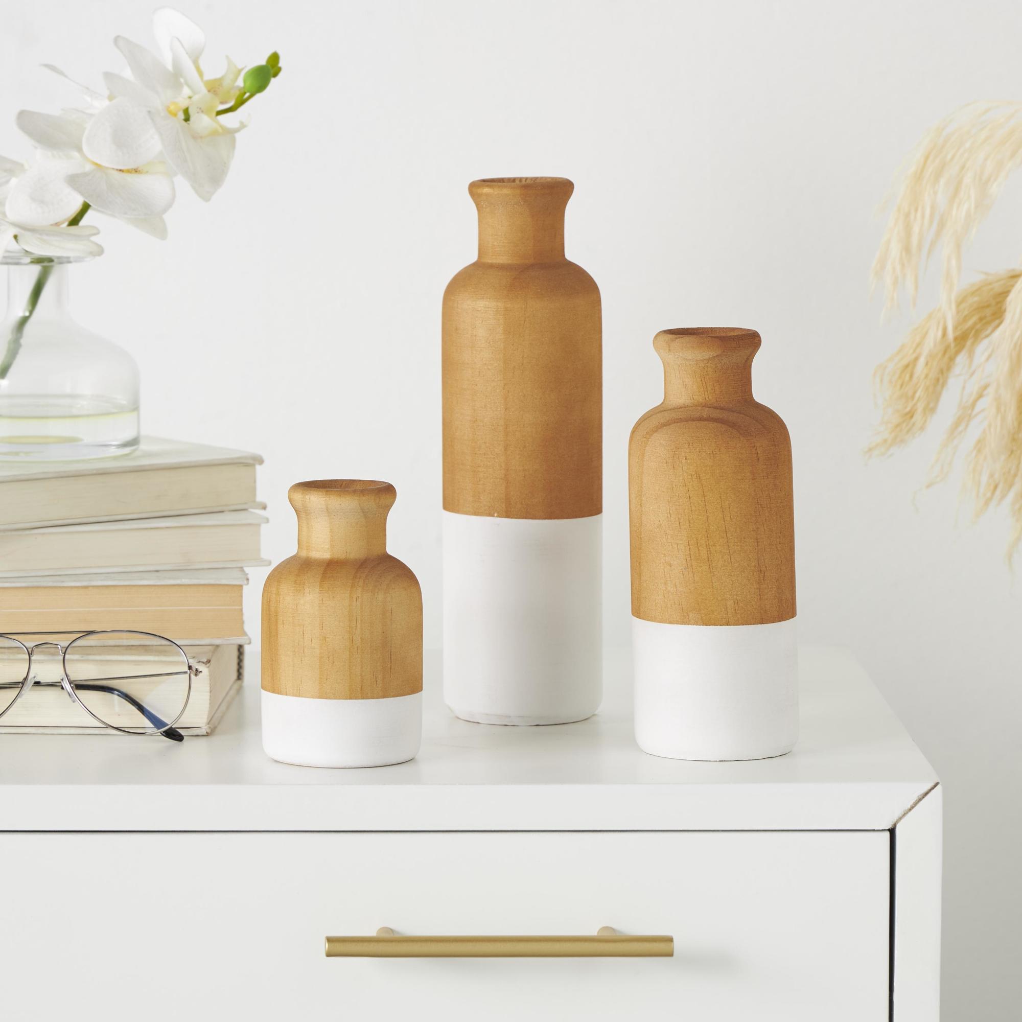 Set of 3 Wood Colorblock Decorative Vase with White Bases Set of 3 10", 8", 5"H