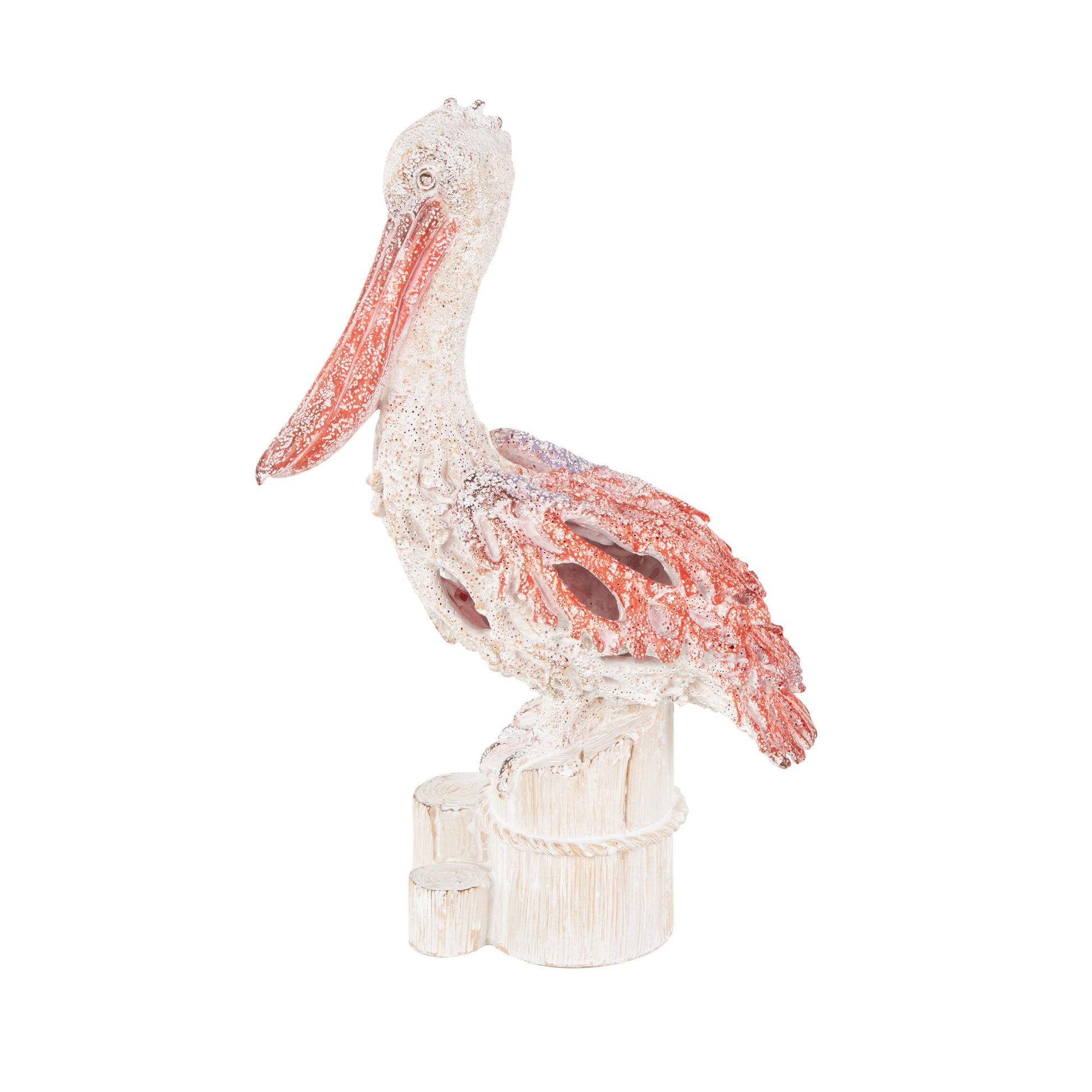 Pelican Polystone Textured Decorative Sculpture with Red Feathers and Round Blocks 8" x 4" x 13"