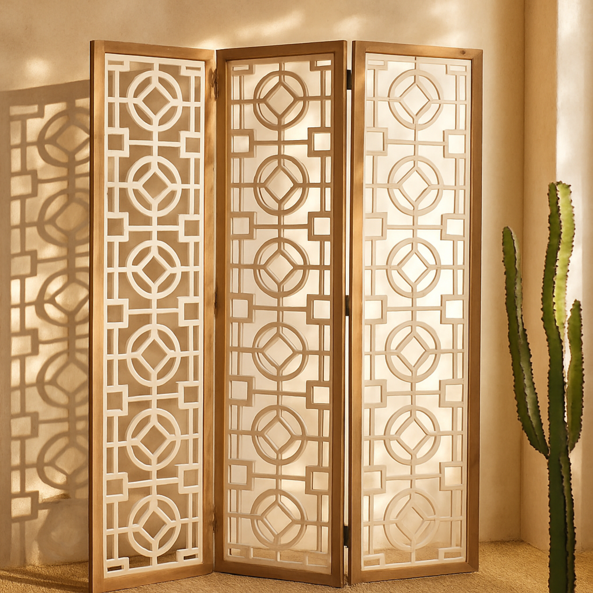 Geometric White Wood Hinged Foldable Partition 3 Panel Partition Room Divider Screen with Carved Designs