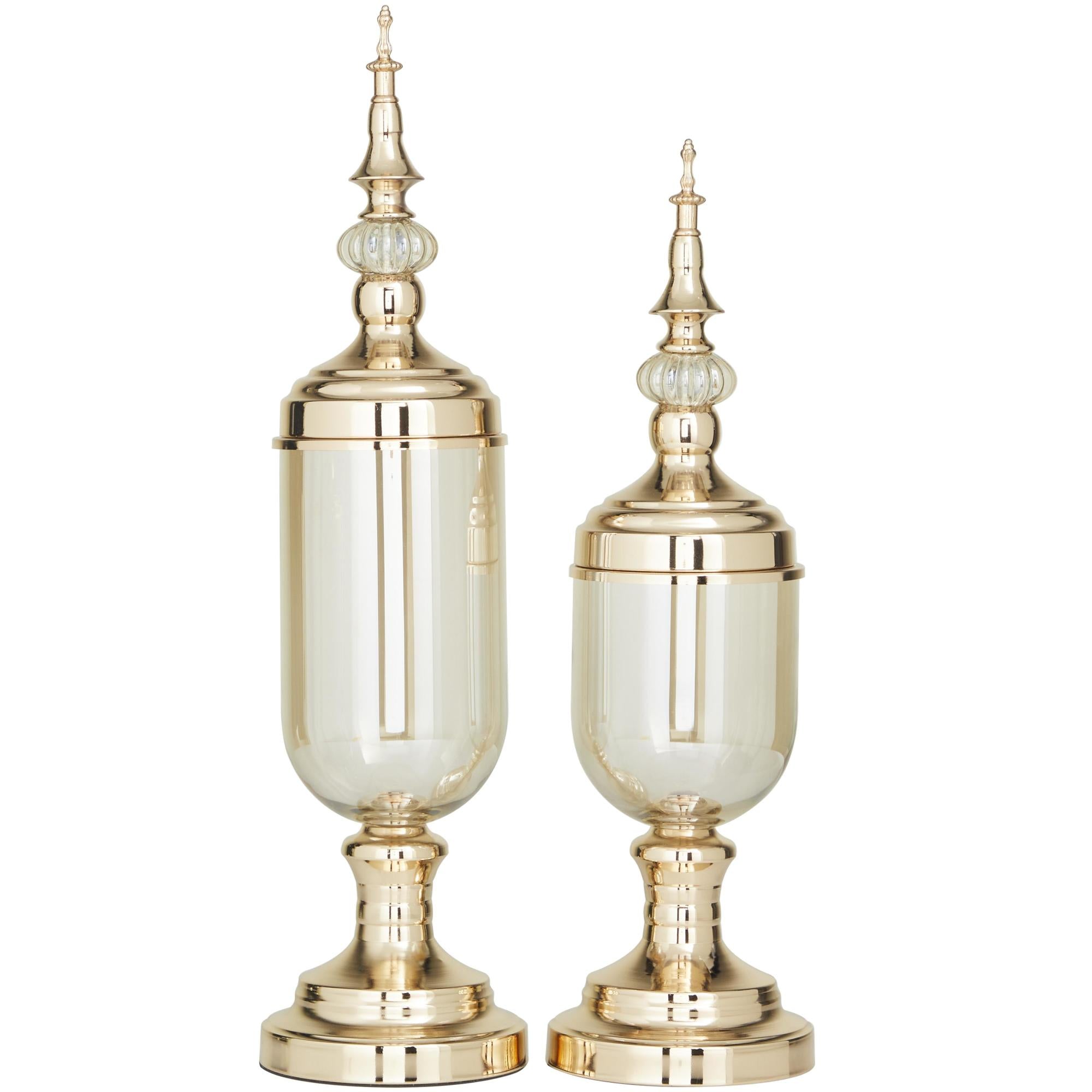 CosmoLiving by Cosmopolitan Set of 2 Gold Metal Living Room Decorative Jars with Finial Lids and Iridescent Glass