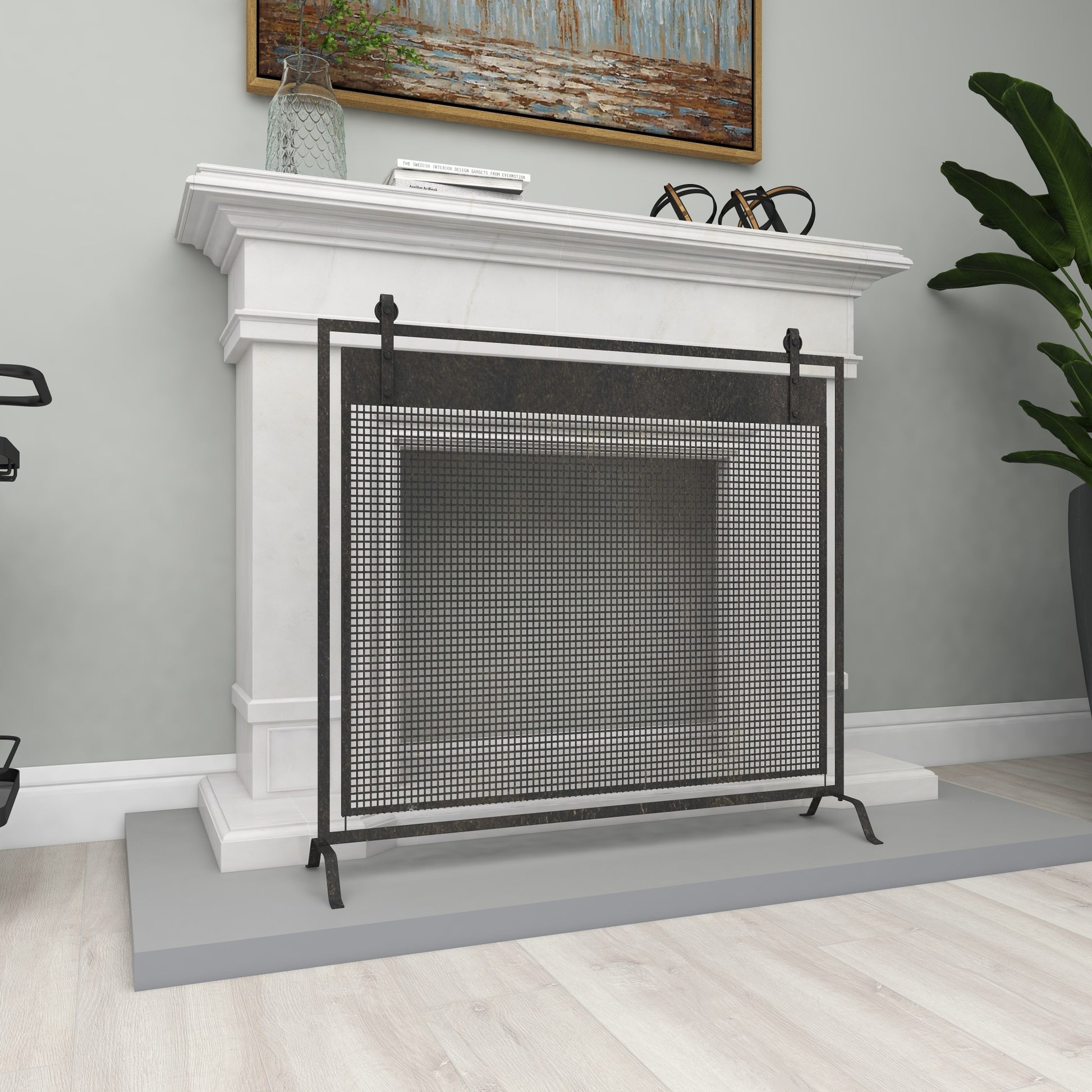 Geometric Metal Suspended Grid Style Single Panel Living Room Fireplace Screen with Bolted Detailing