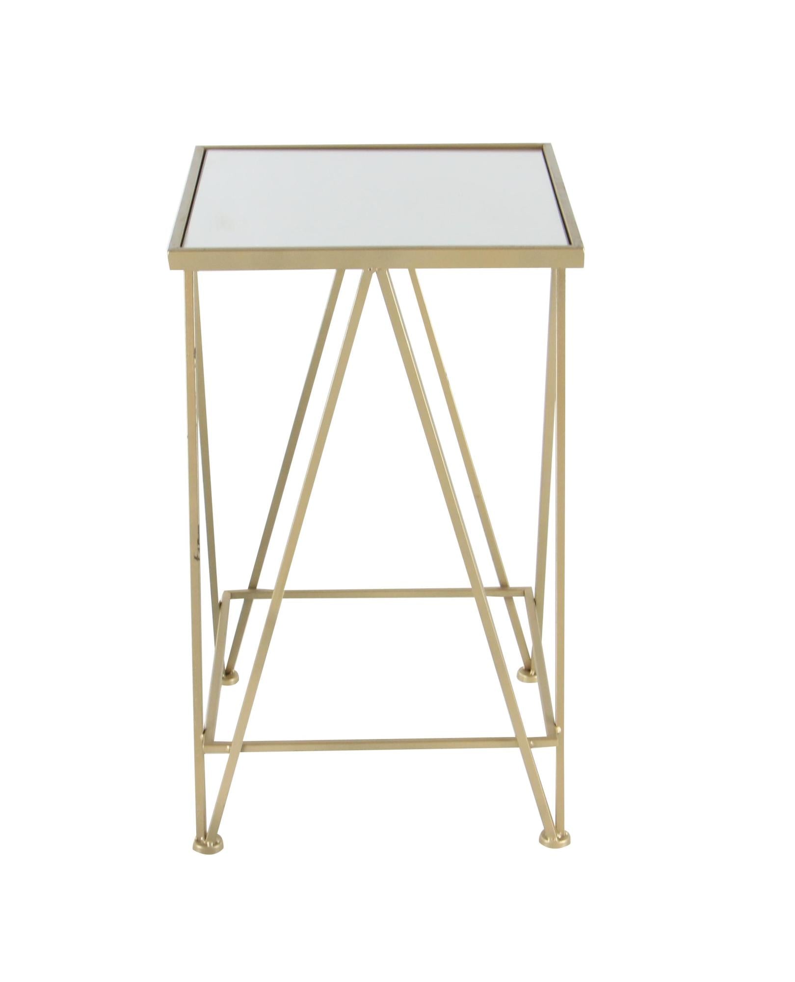 Set of 2 Geometric Gold Metal Square Side End Accent Table with Mirrored Glass Top