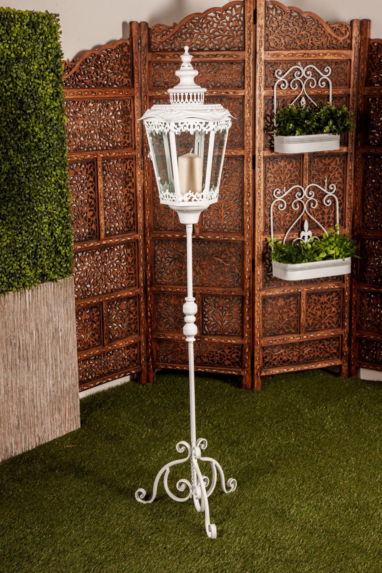 Scroll White Metal Standing Decorative Indoor Outdoor Candle Lantern