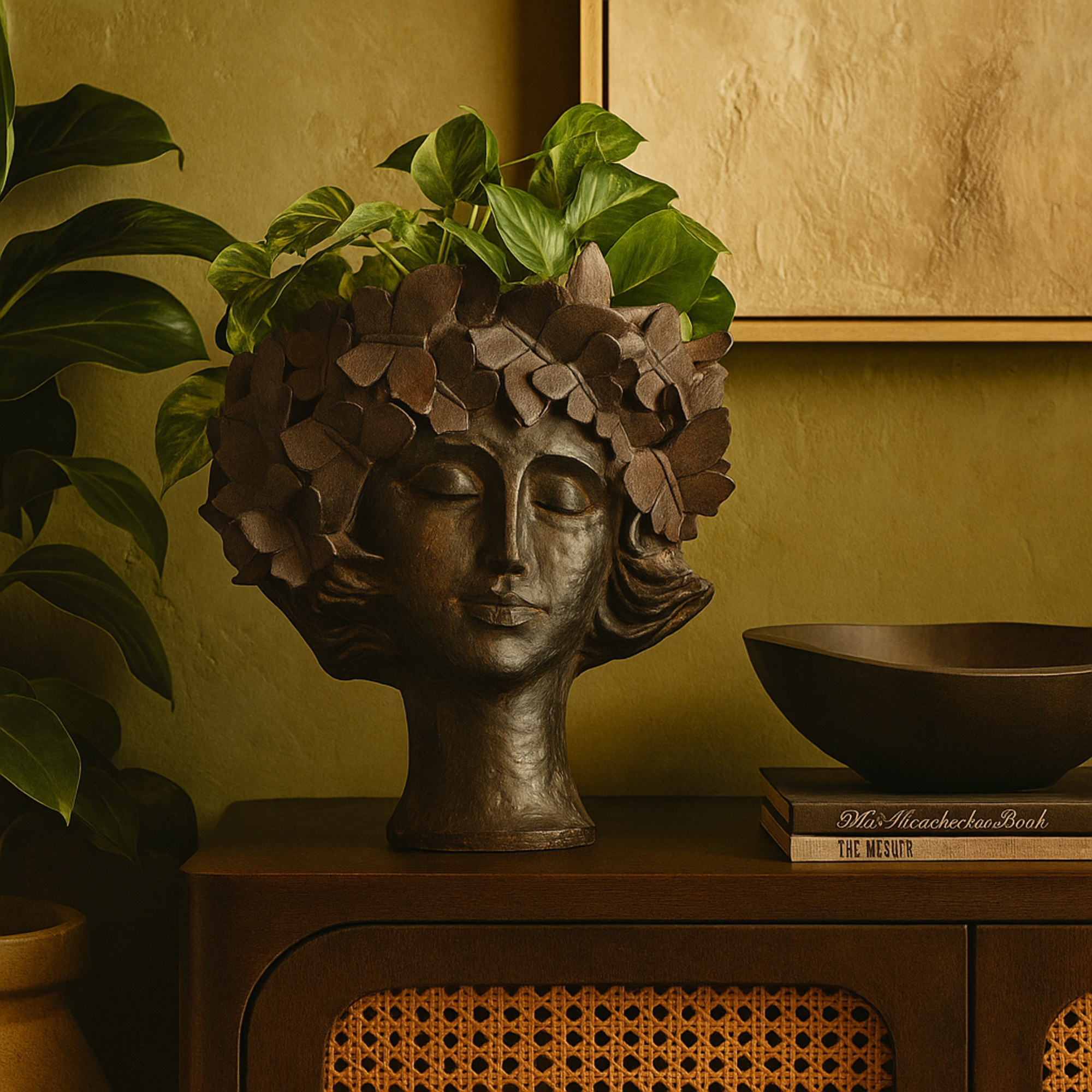 Woman Bronze Resin Head Indoor Outdoor Planter with Wide Opening and Butterfly Accents