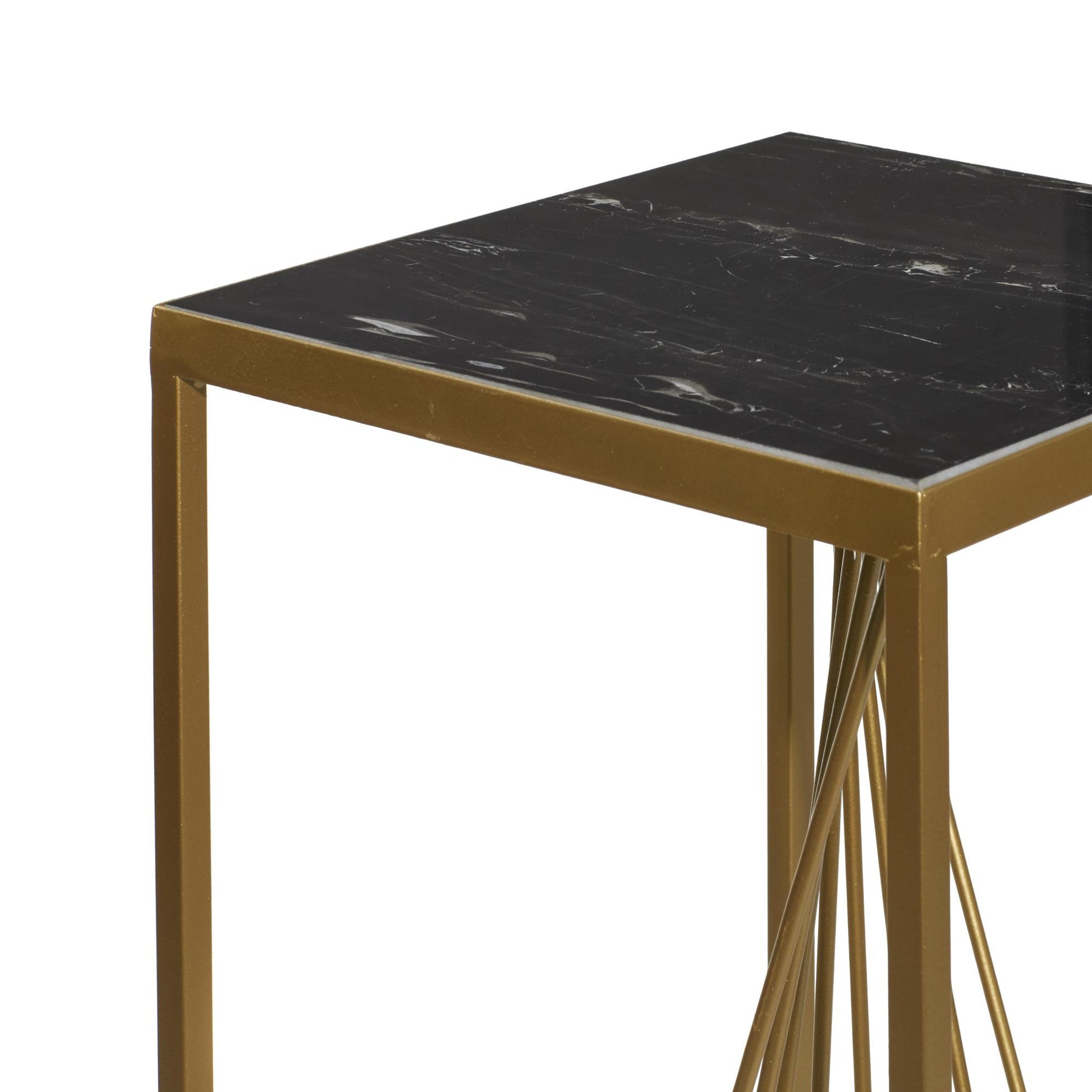 Set of 2 Geometric Gold Metal Side End Pedestal Table with Black Marble Top