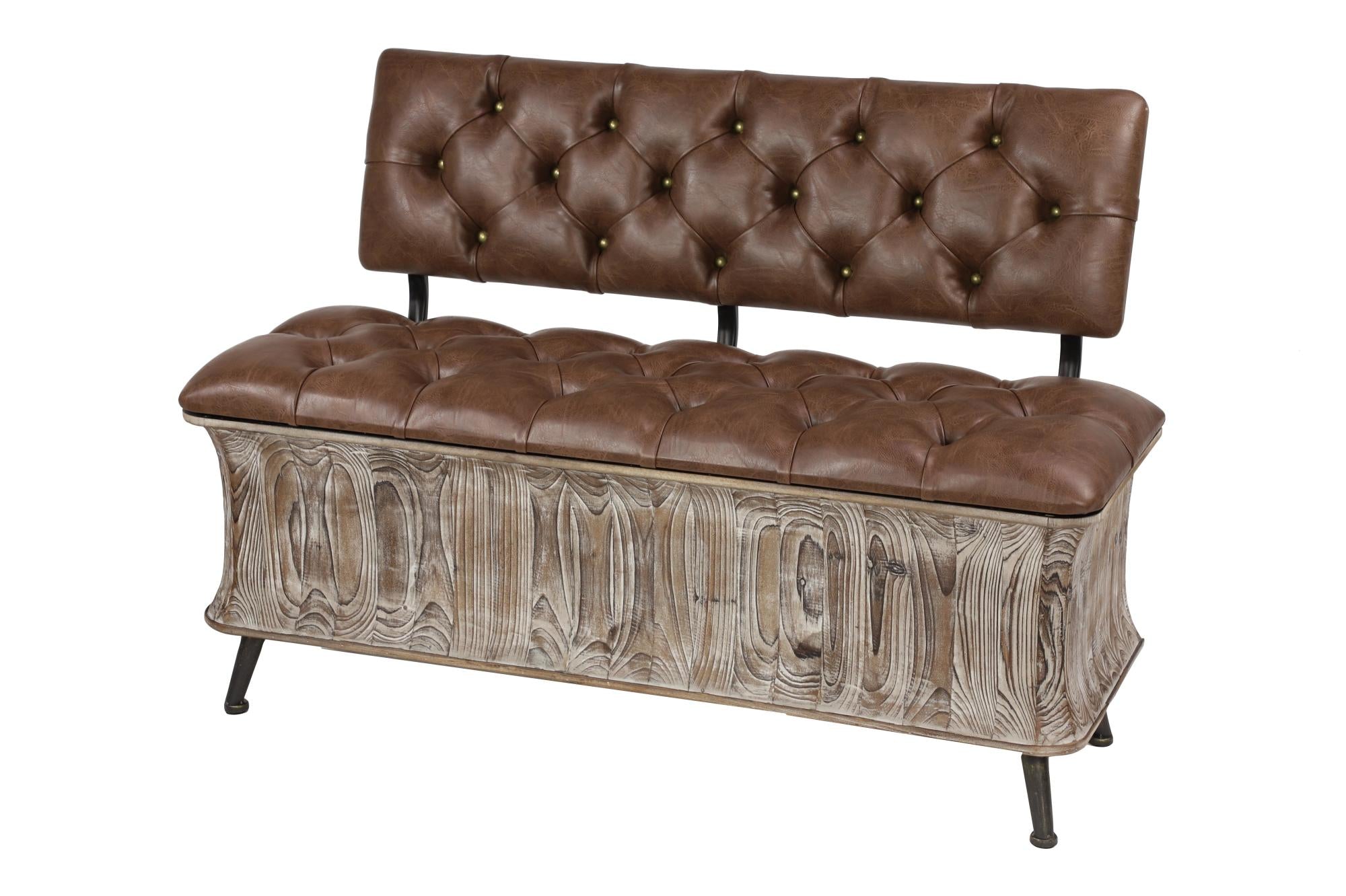 Brown Wood Room Storage Bench with Tufted Faux Leather Seat and Back