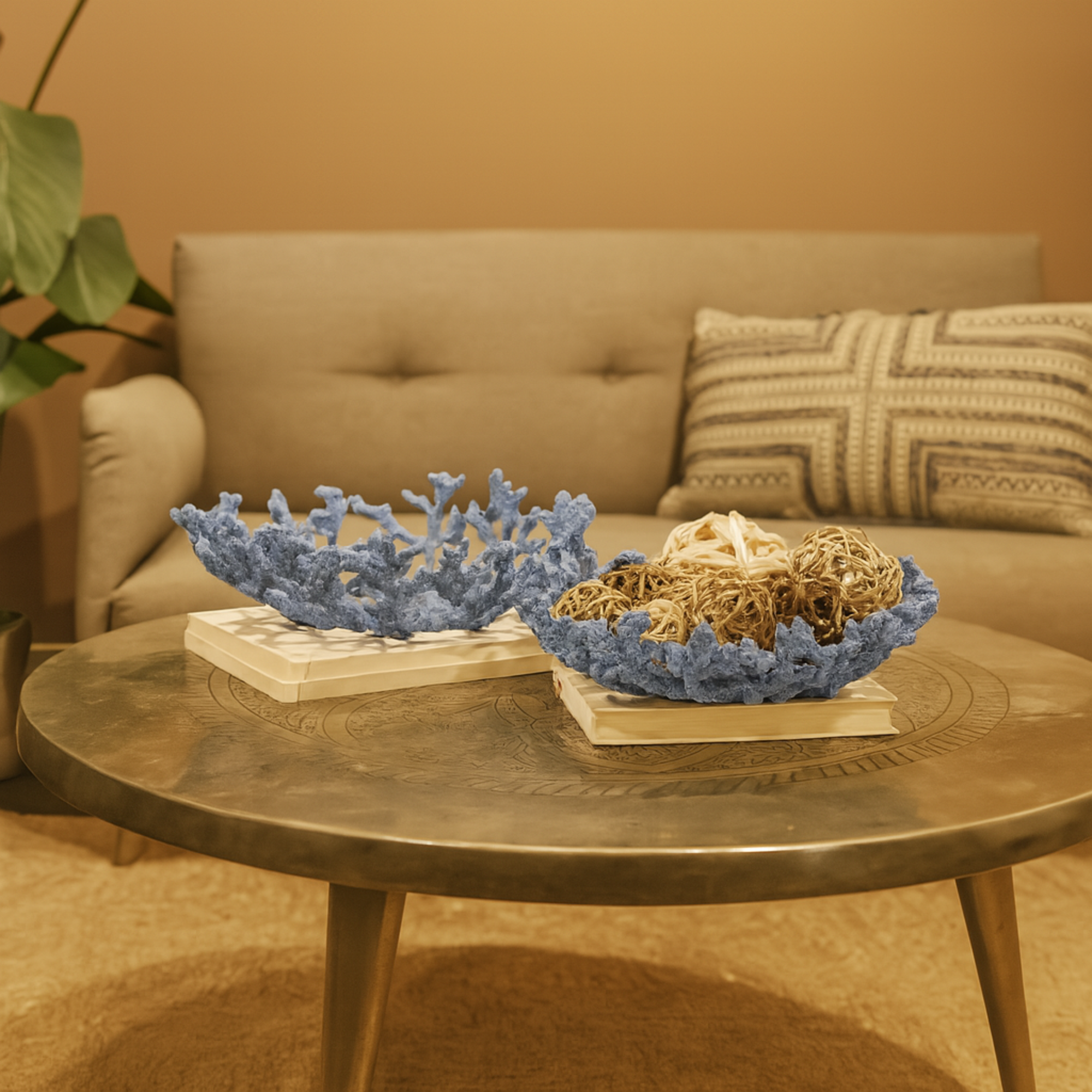 Set of 2 Coral Resin Textured Large Decorative Bowl
