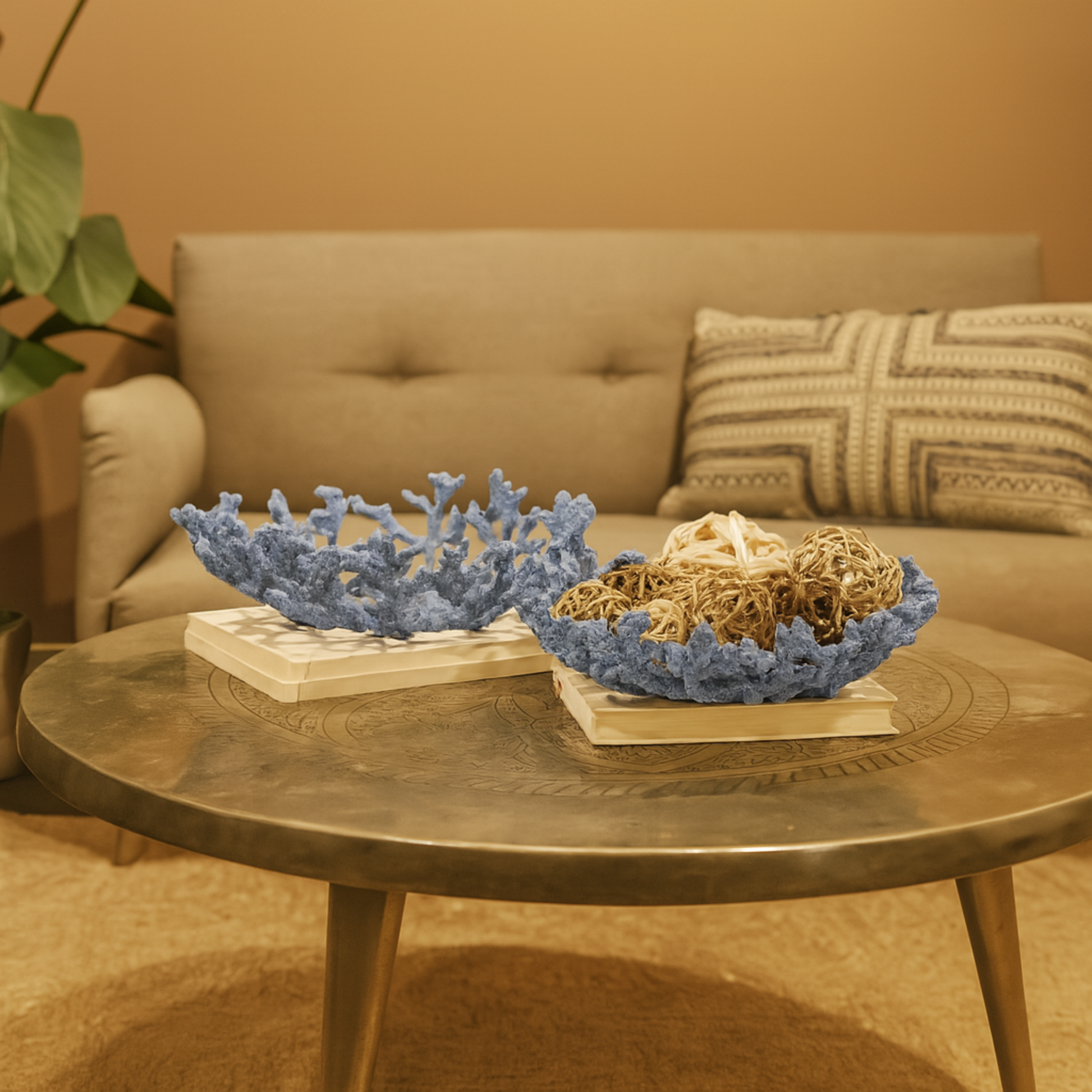 Set of 2 Coral Resin Textured Large Decorative Bowl