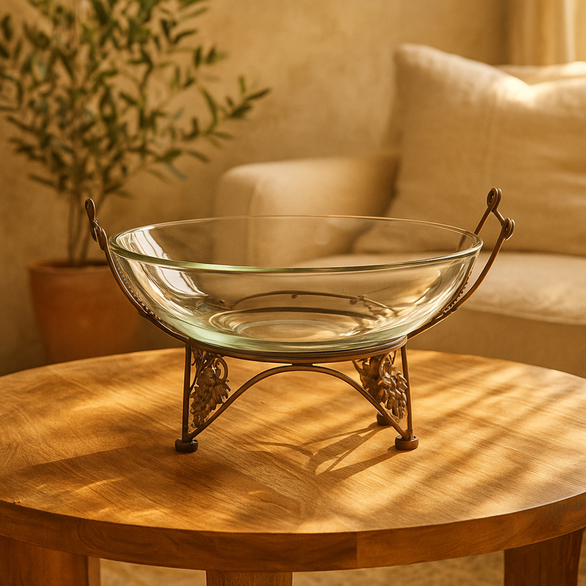 Kitchen Clear Tempered Glass Decorative Serving Bowl with Copper Metal Grapes Base