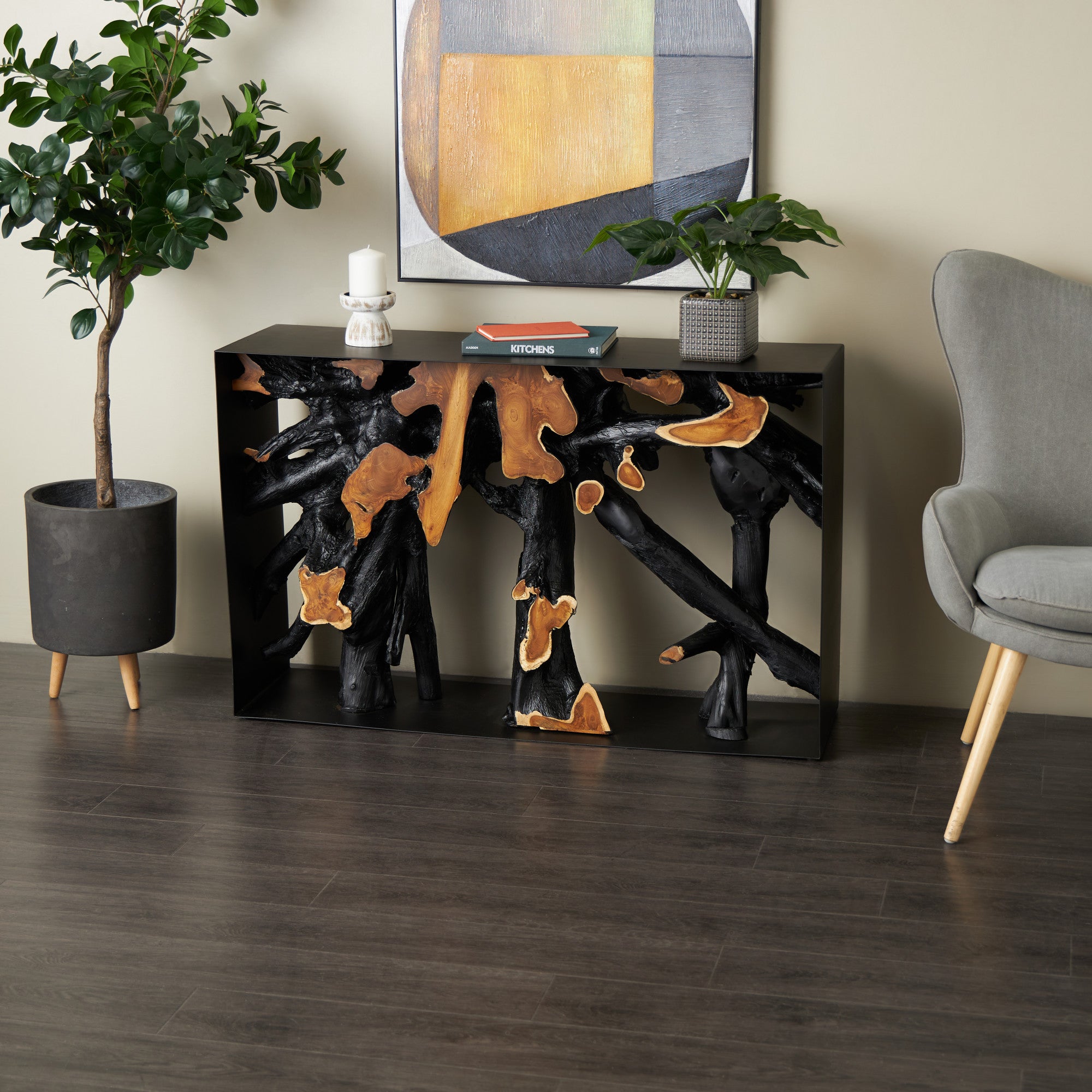 Black Teak Wood Handmade Live Edge Tree Trunk Living Room Console Table with Brown Accents and Metal Frame