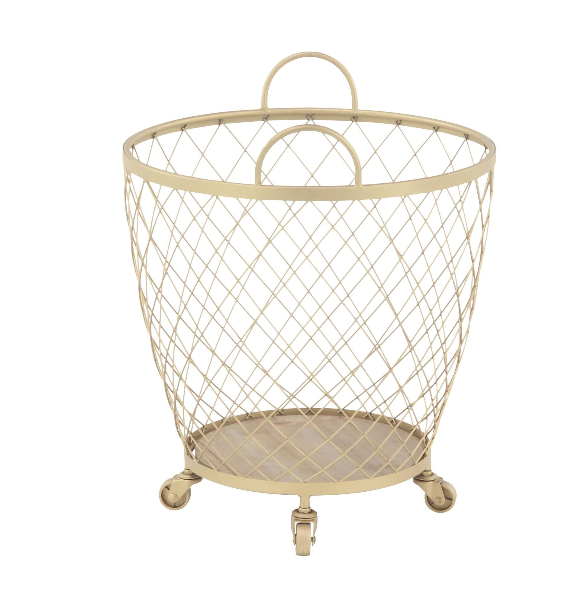 Set of 2 Gold Metal Mobile Wire Basket Mobile Storage Cart with Wood Interior