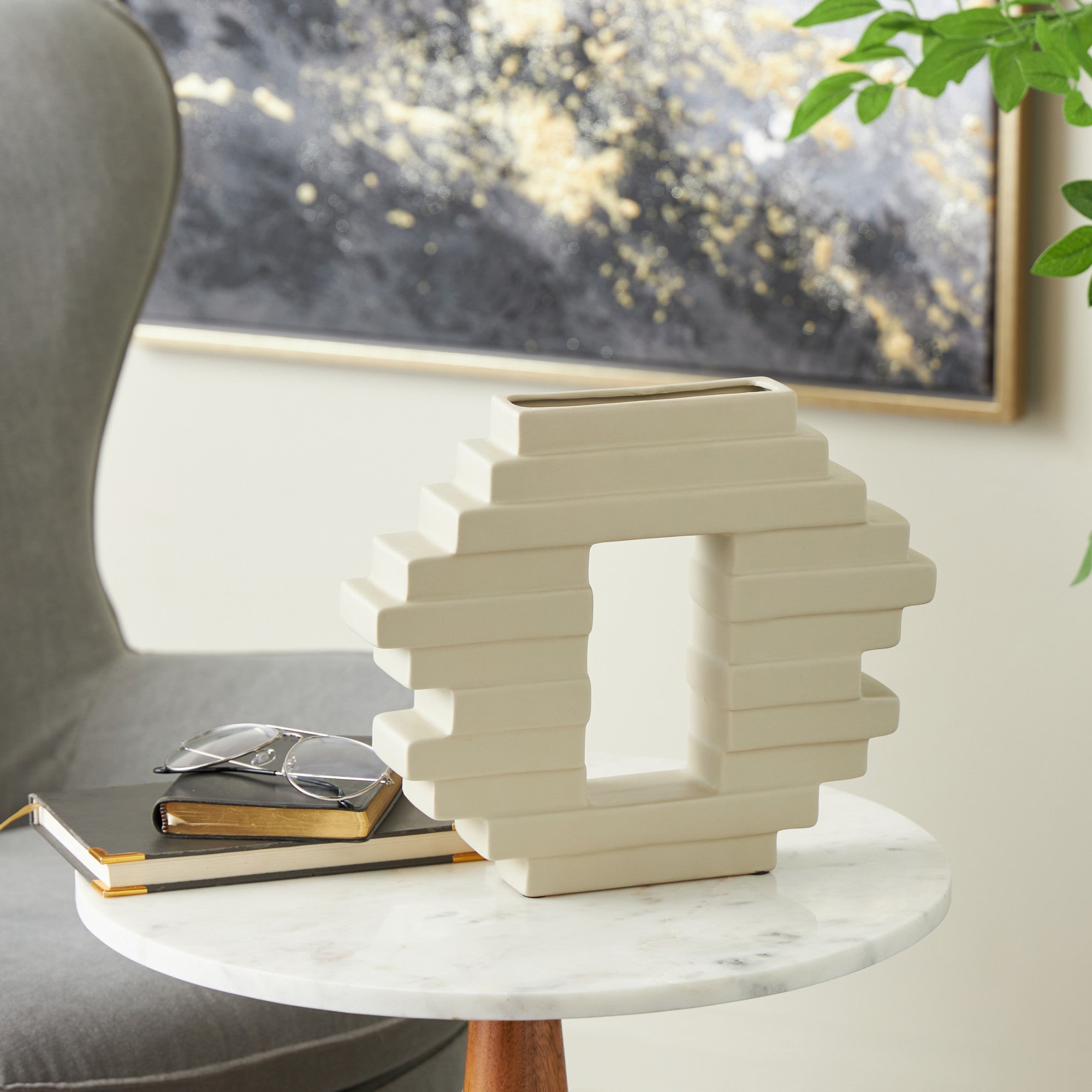 Abstract Cream Ceramic Decorative Vase with Rectangular Center Cutout