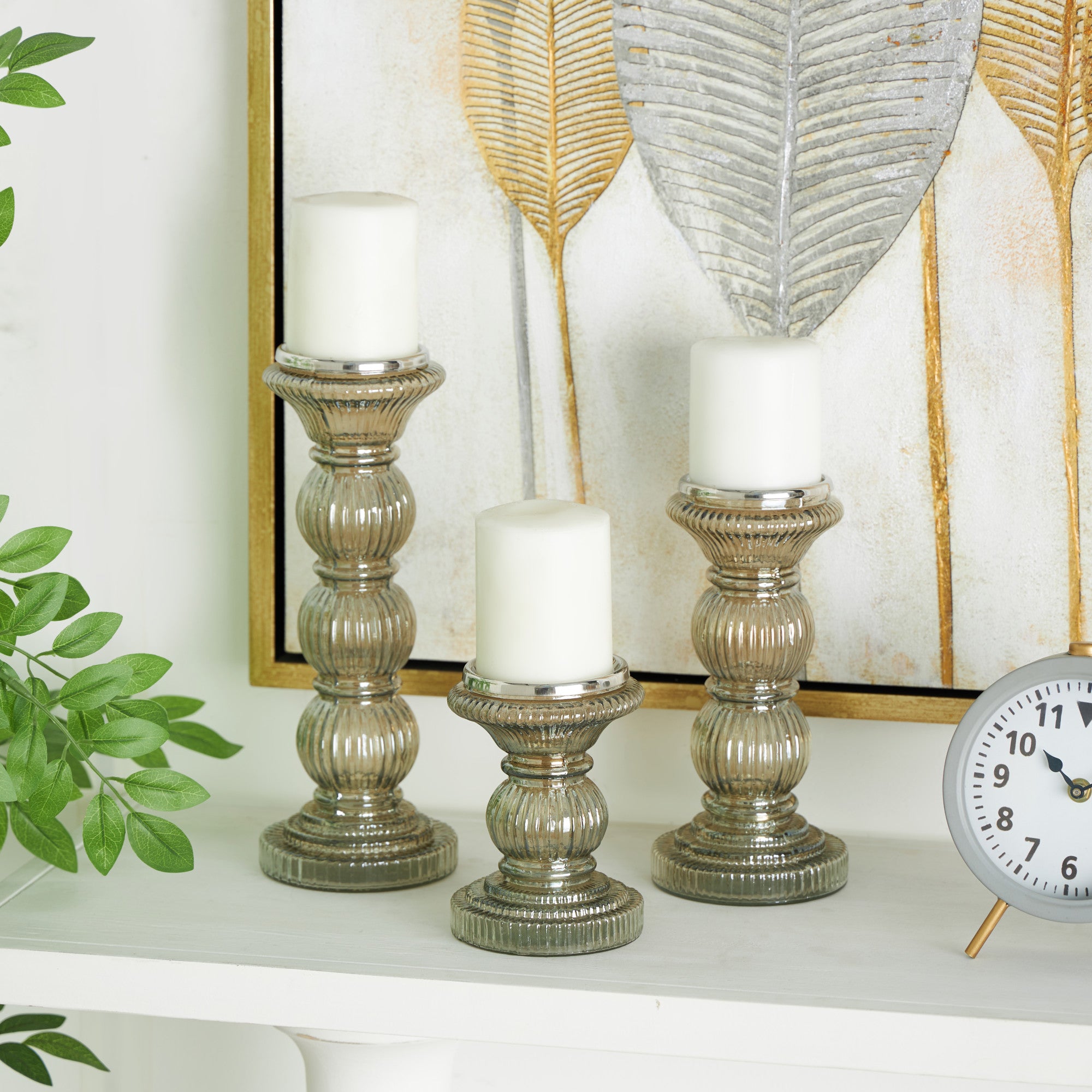 Set of 3 Gray Glass Handmade Turned Style Pillar Decorative Candle Holder