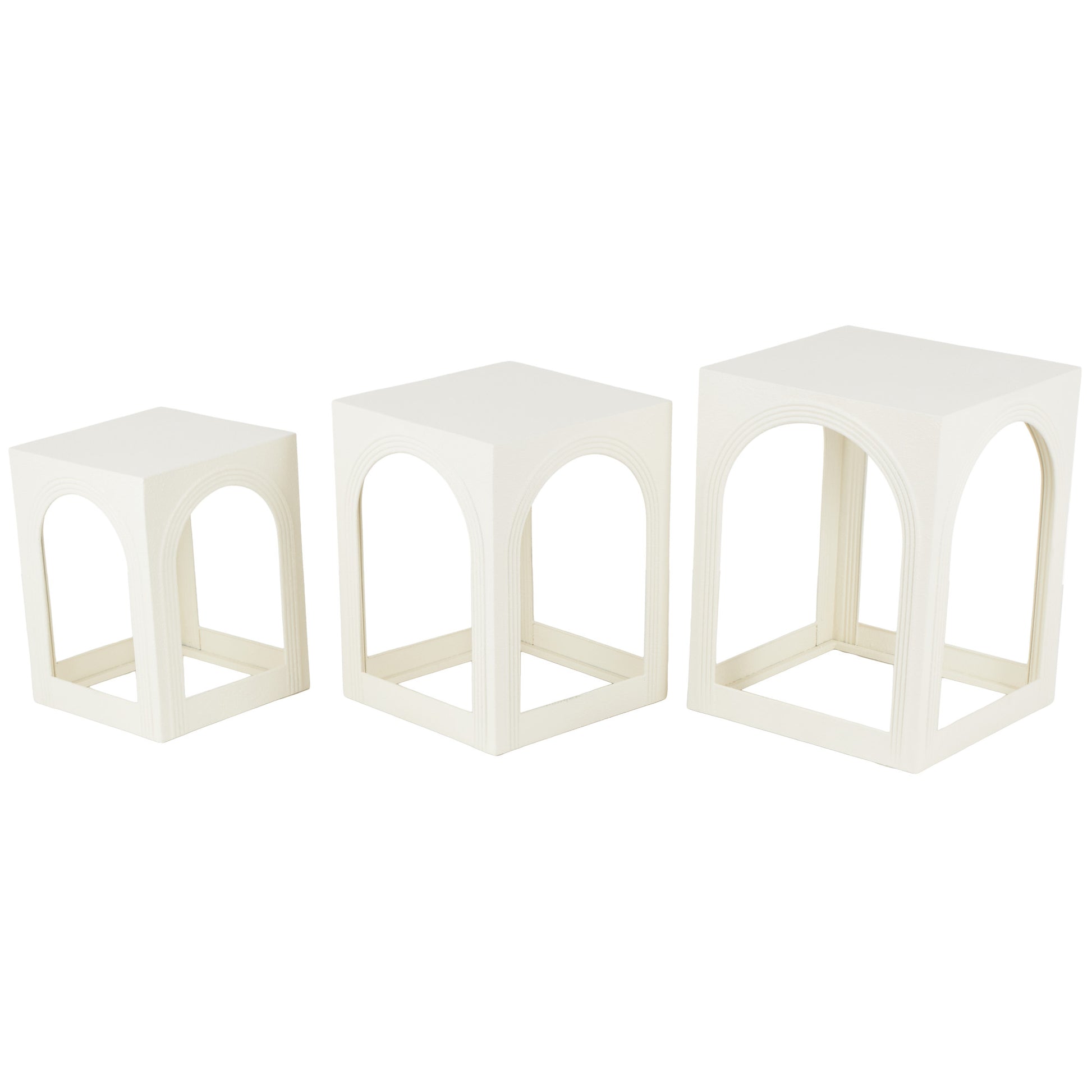 Set of 3 White Metal Nested Side End Accent Table with Arched Cutouts