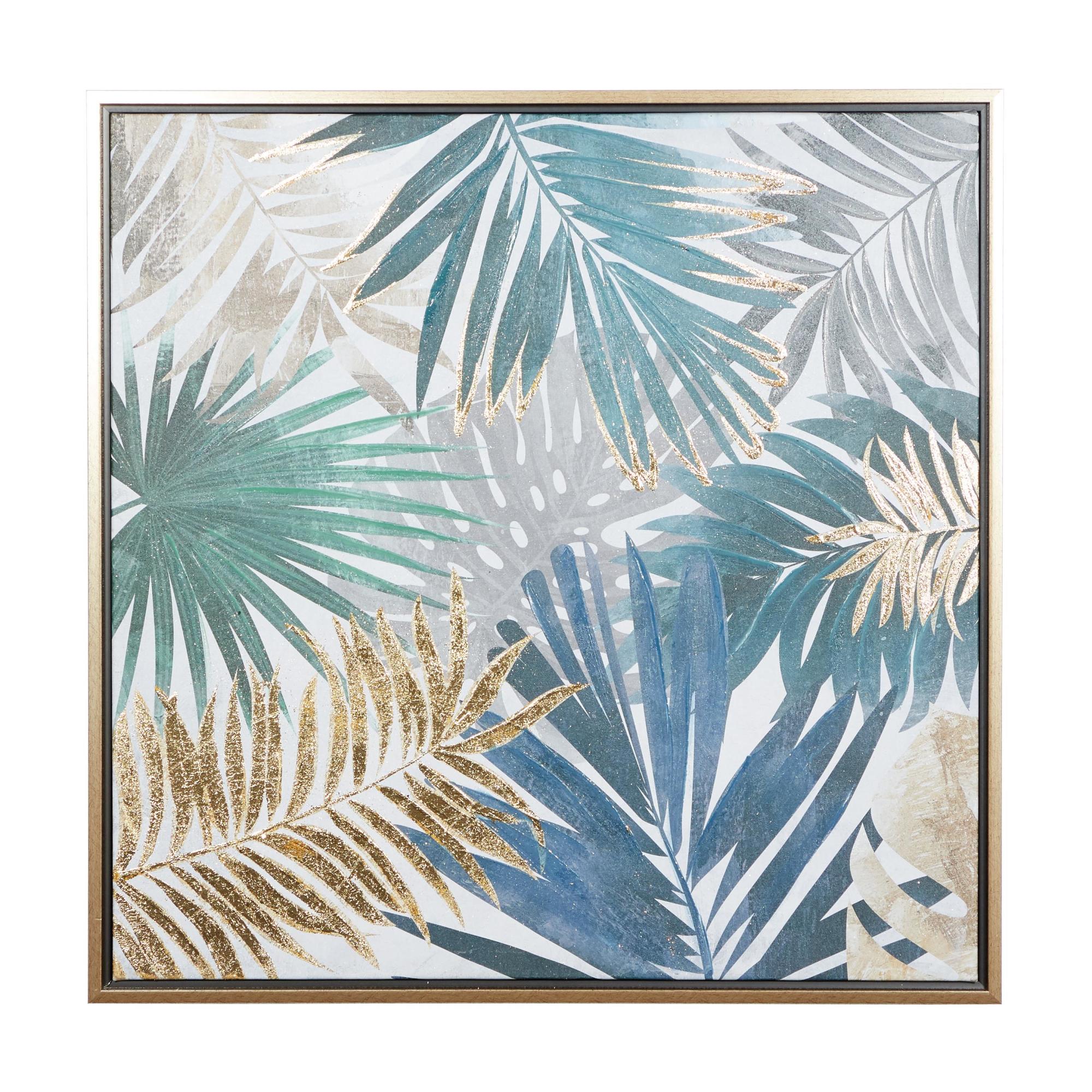 Leaf Blue Canvas Tropical Living Room Framed Wall Art with Gold Frame