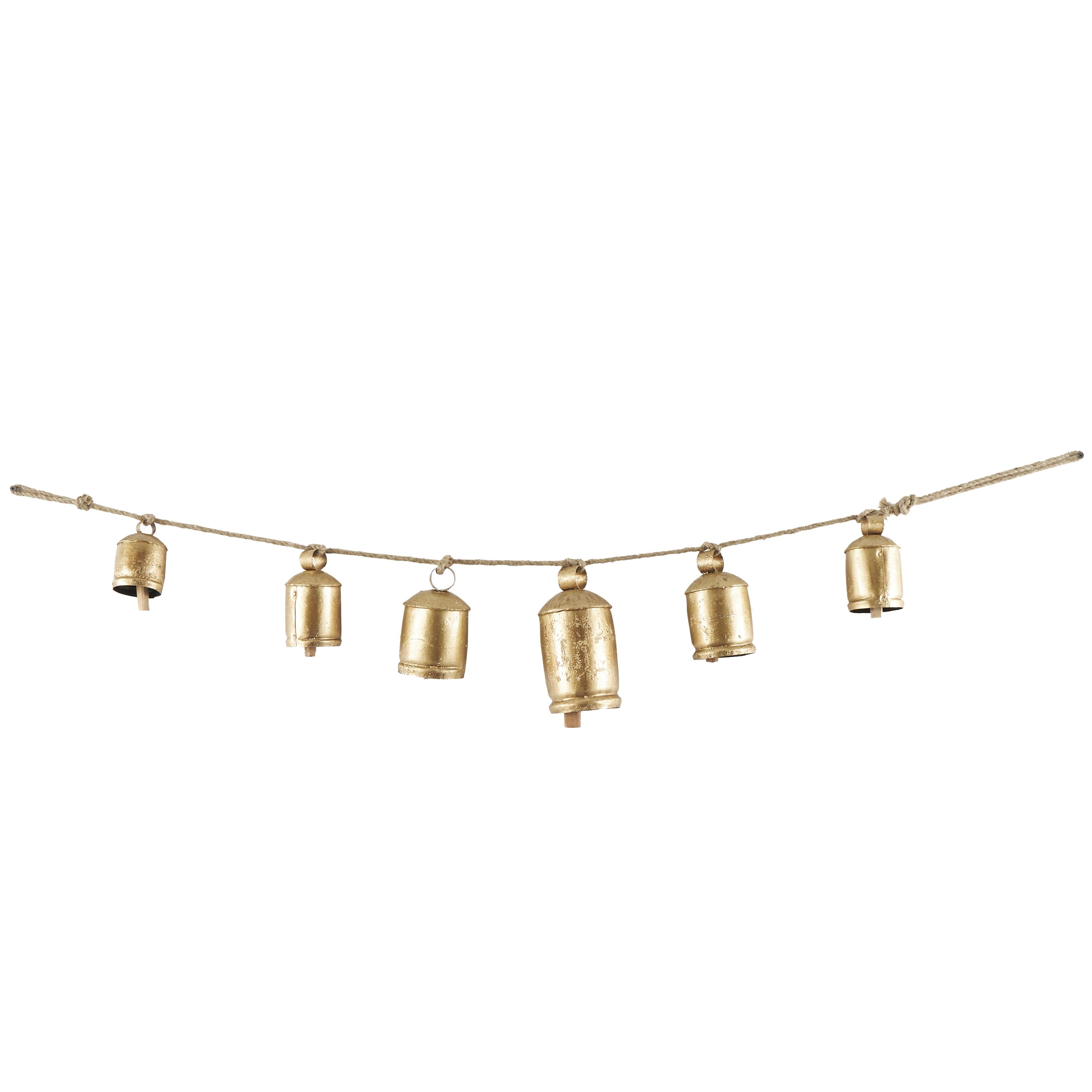 Gold Metal Tibetan Inspired String Hanging Indoor Outdoor Decorative Cow Bells with 6 Bells on Jute Hanging Rope