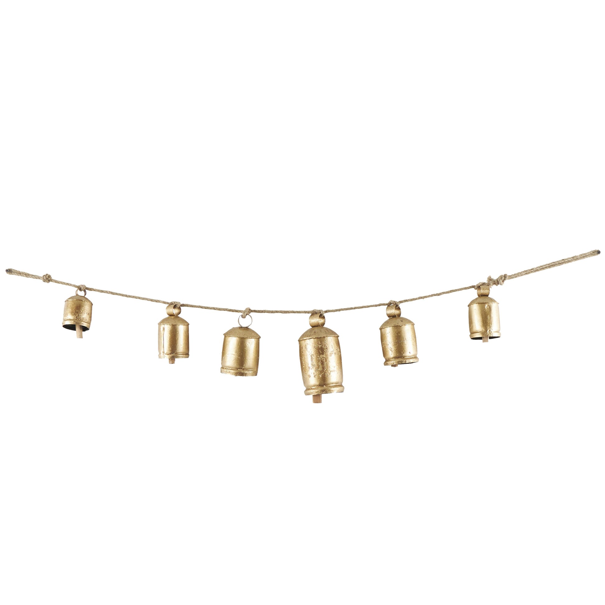 Gold Metal Tibetan Inspired String Hanging Indoor Outdoor Decorative Cow Bells with 6 Bells on Jute Hanging Rope