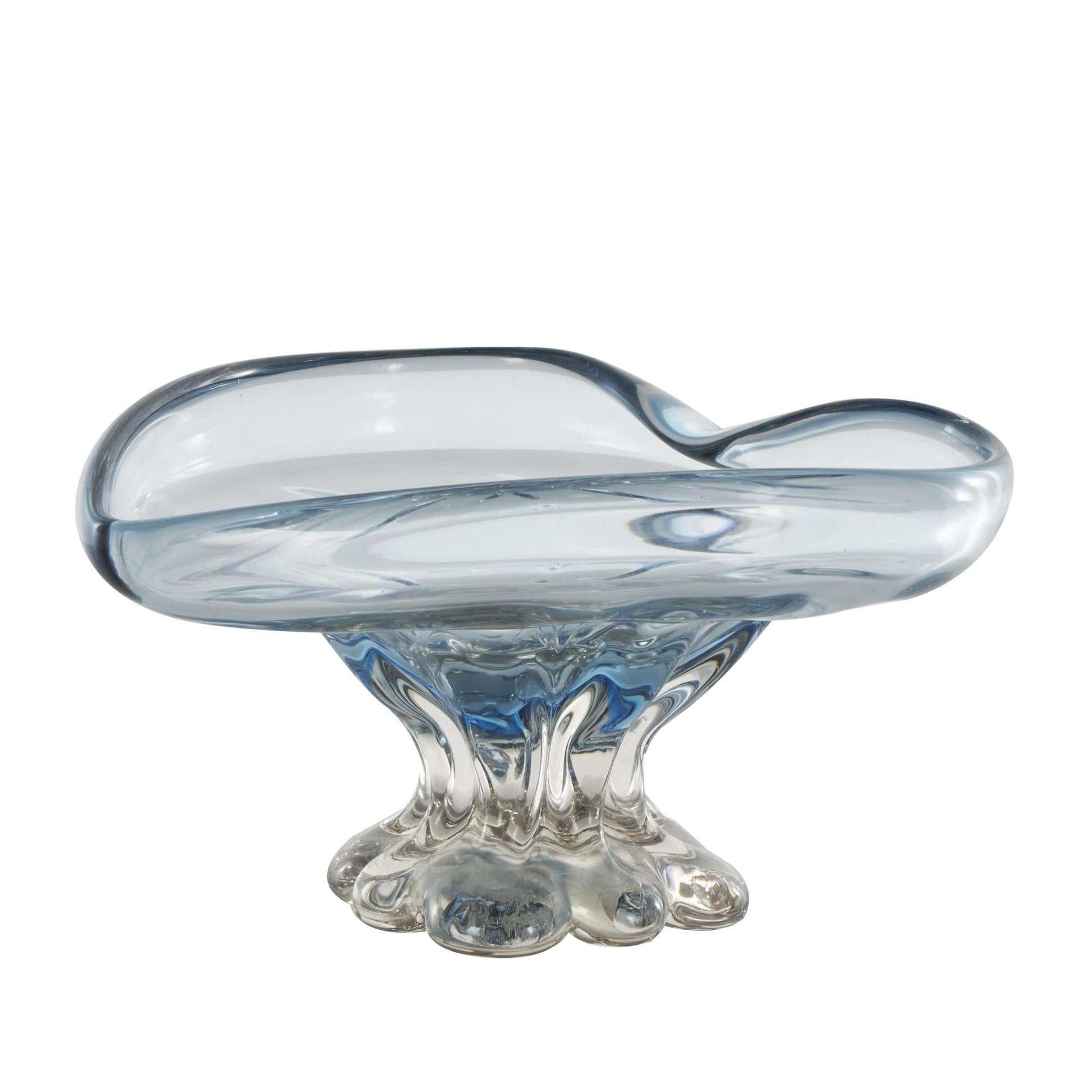Heart Blue Glass Ombre Large Decorative Bowl with Folded Curve Opening and Scalloped Base