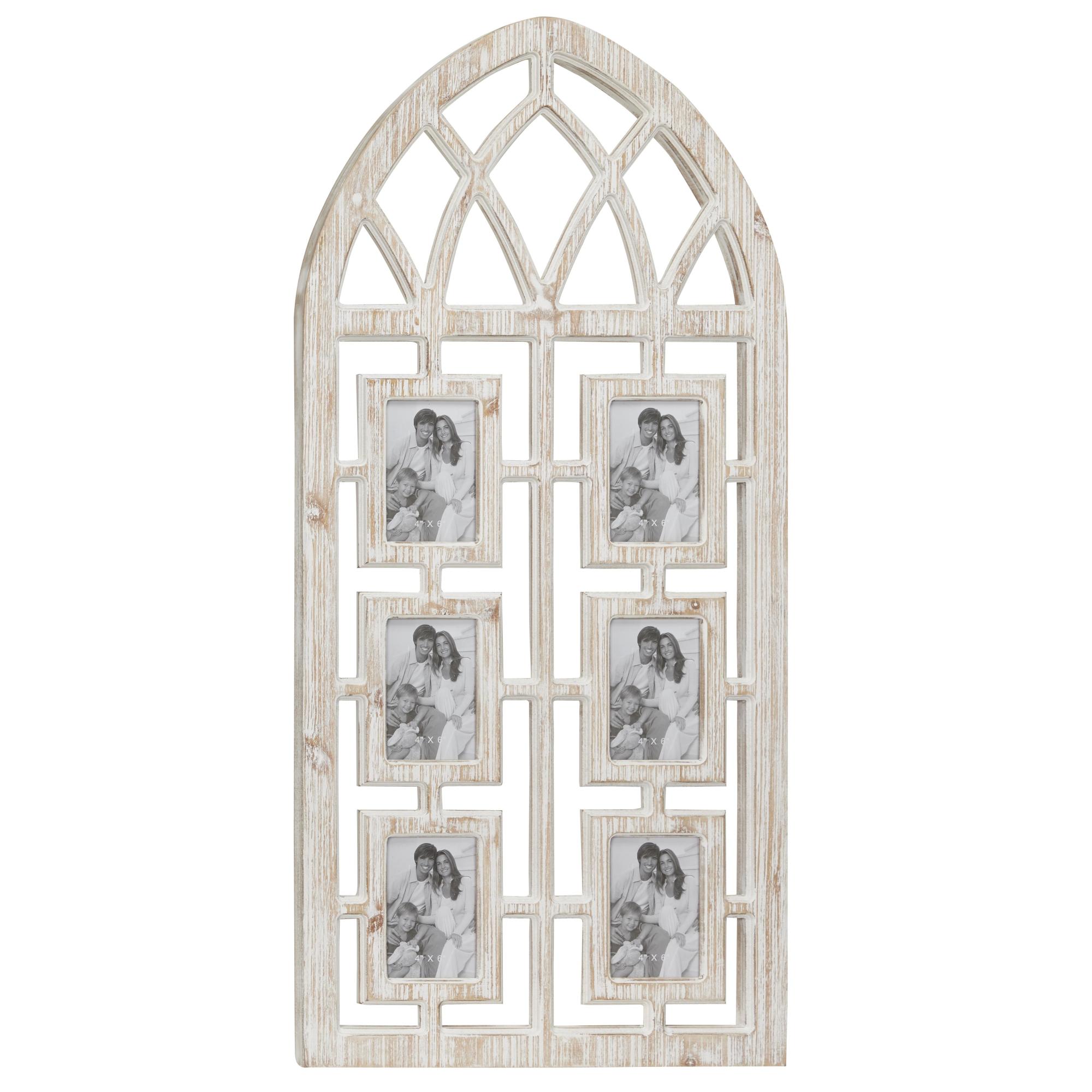 Light Brown Wooden 6 Slot Ornate Wall Photo Frame with Window Arch Shape