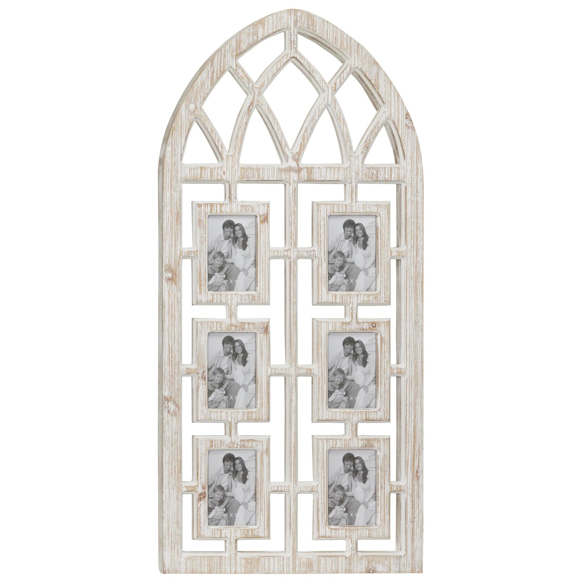 Light Brown Wooden 6 Slot Ornate Wall Photo Frame with Window Arch Shape