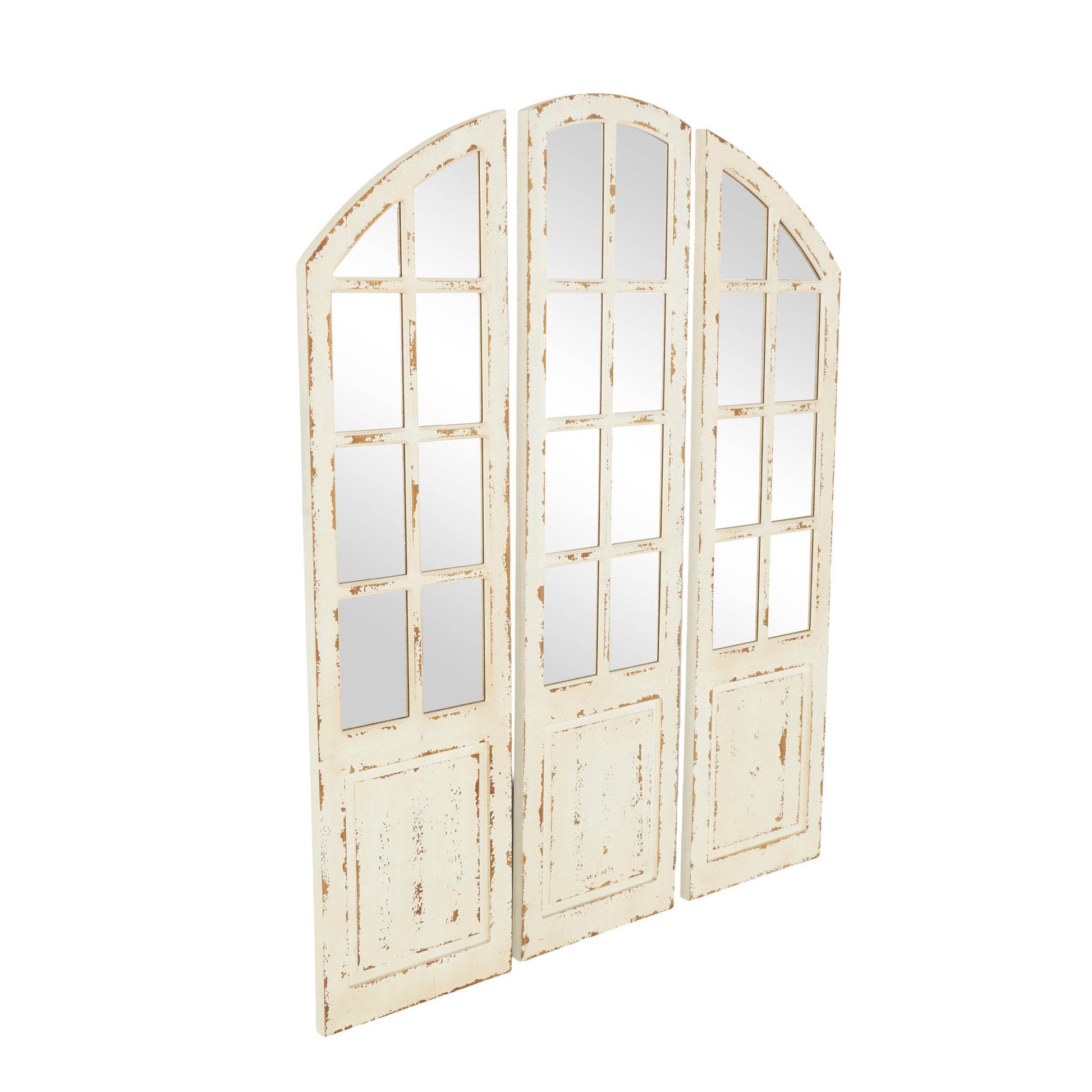 Set of 3 White Wood Window Pane Inspired Room Wall Mirror with Arched Top and Distressing