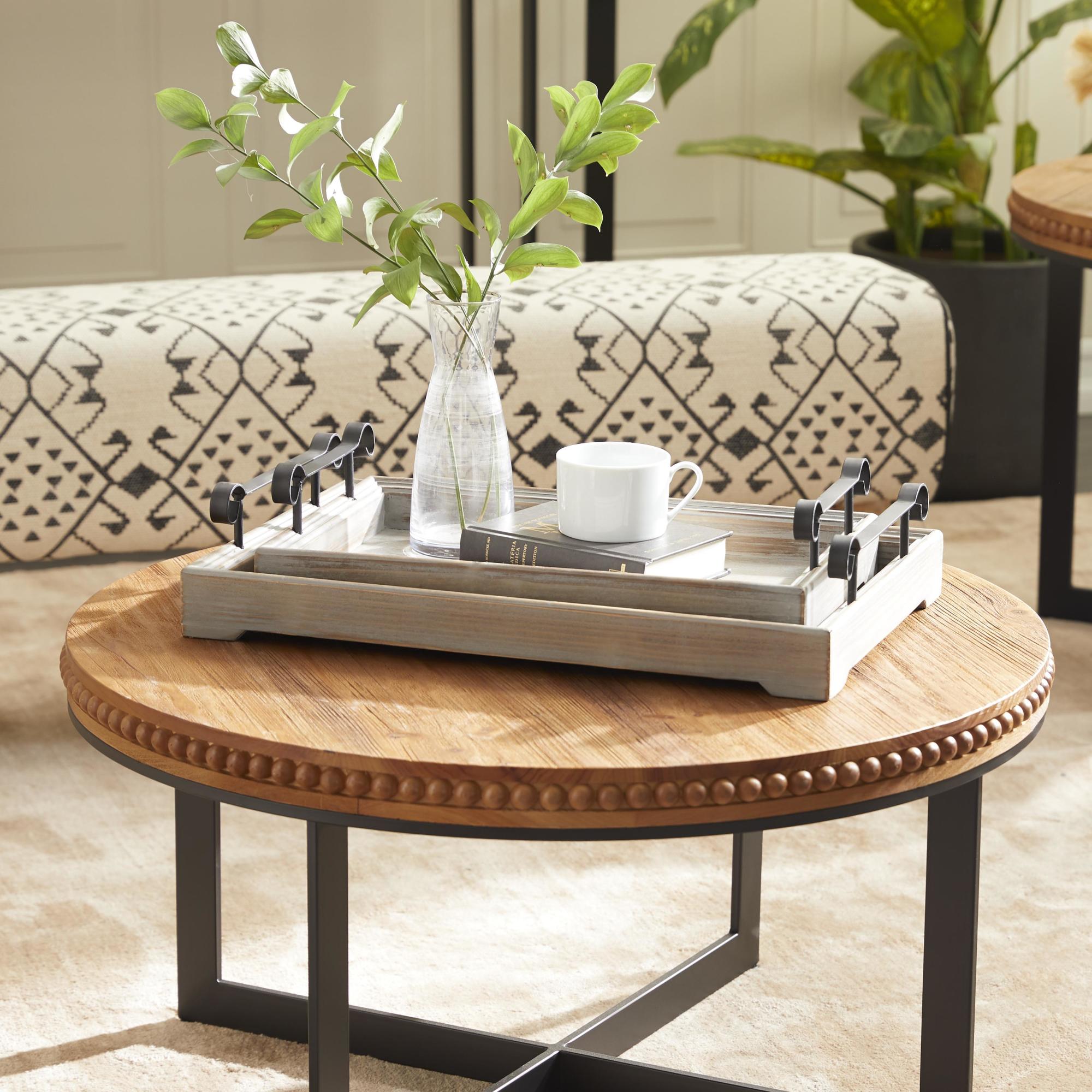 Set of 2 Wood Living Room Decor Tray with Metal Handles