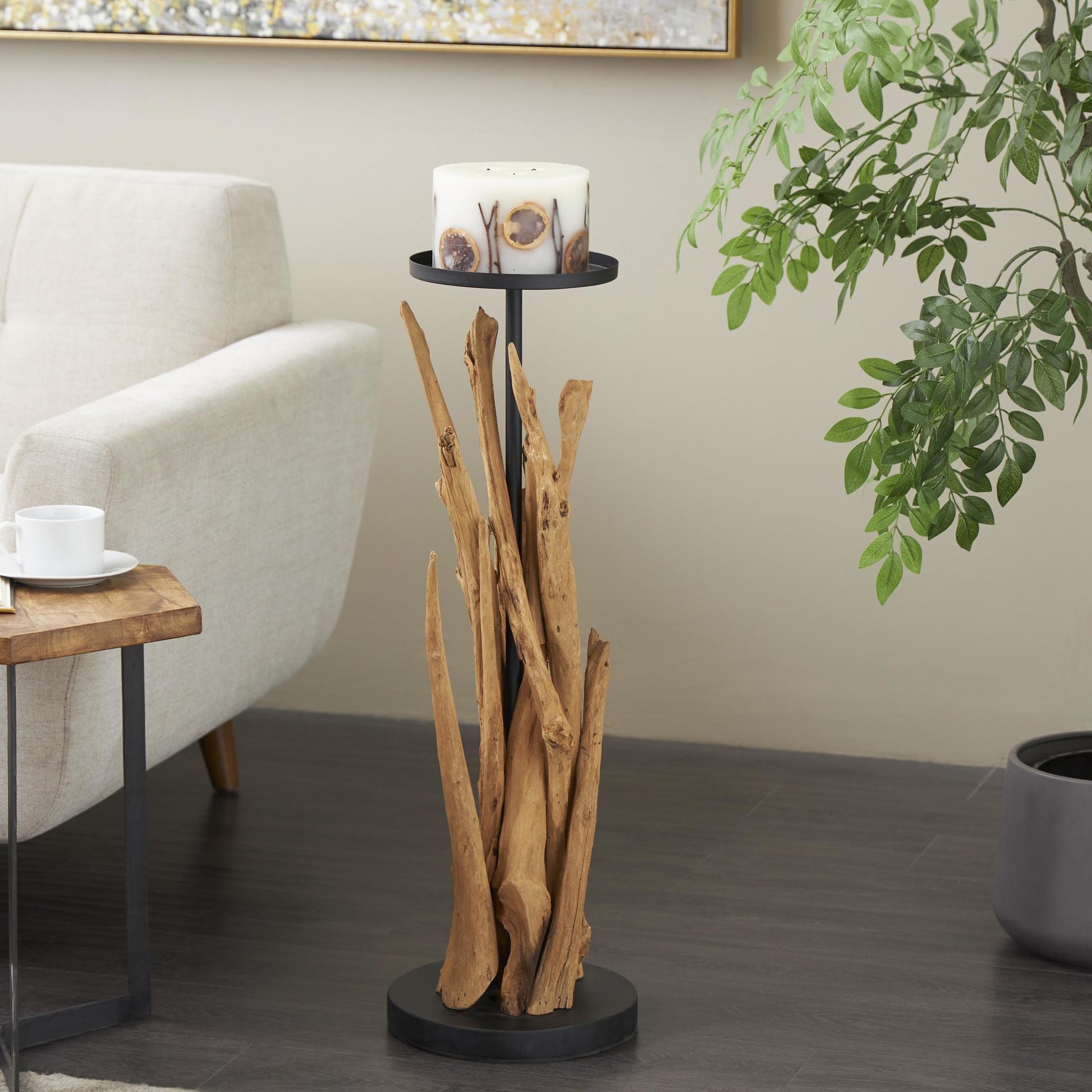 Brown Teak Wood Handmade Tall Tree Branch Floor Decorative Candle Holder with Black Metal Accents