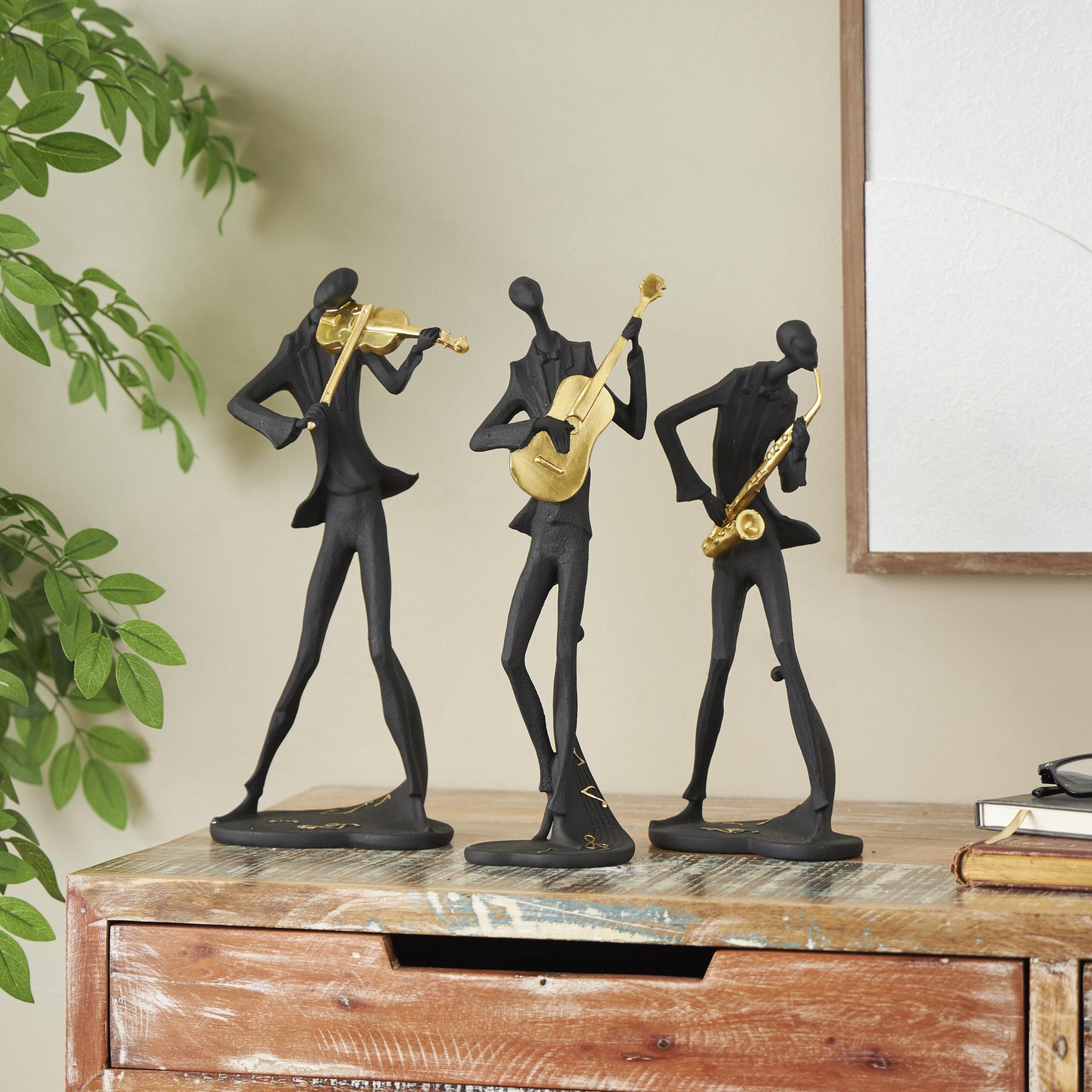 Set of 3 Musician Black Polystone Abstract Decorative Sculpture with Gold Instruments and Music Notes